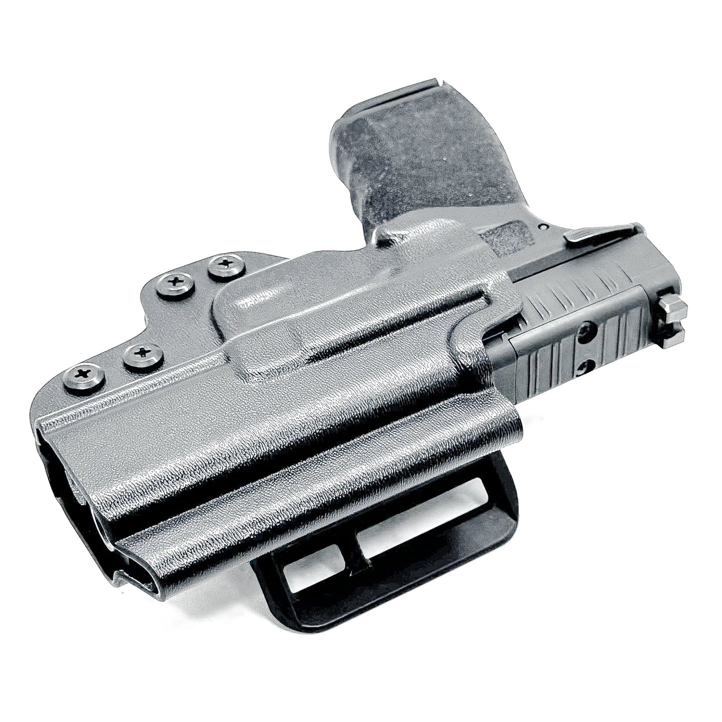 Right-hand OWB holster for Springfield Hellcat Pro with 4BROS 1.5-inch Belt Slide attachment, shown in black Kydex.