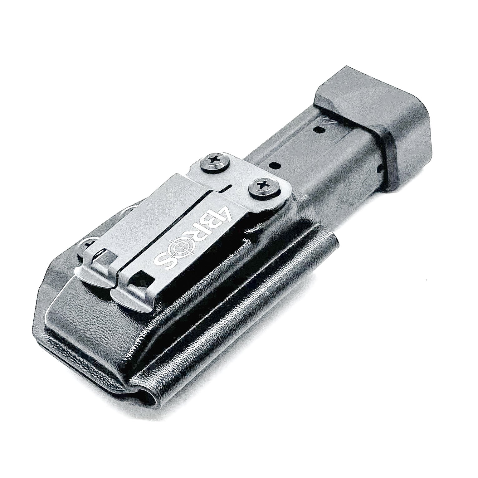 Black Kydex IWB AIWB appendix inside waistband magazine pouch carrier or holster for the Springfield Armory Prodigy from Four Brothers Holsters.