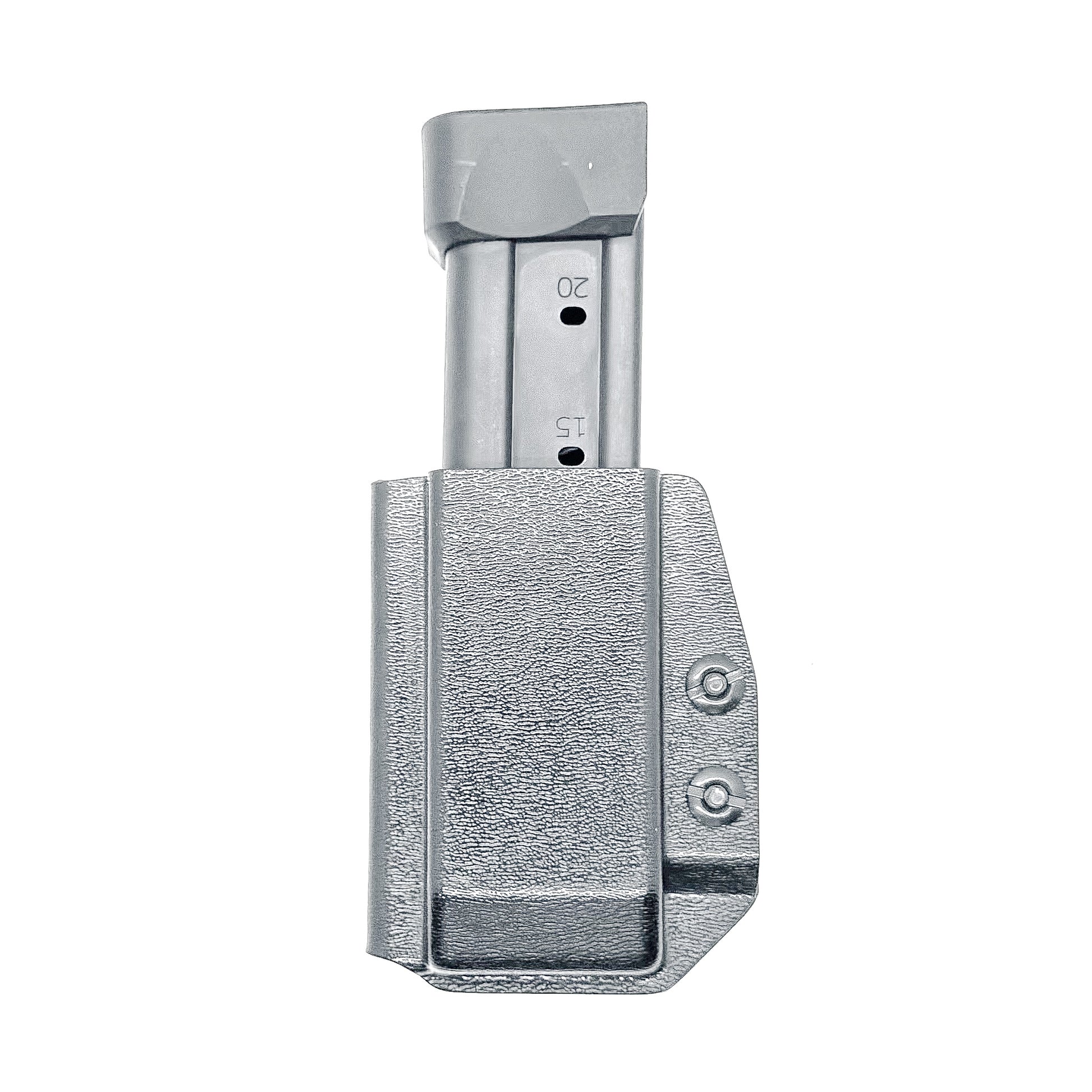 Black Kydex IWB AIWB appendix inside waistband magazine pouch carrier or holster for the Springfield Armory Prodigy from Four Brothers Holsters.