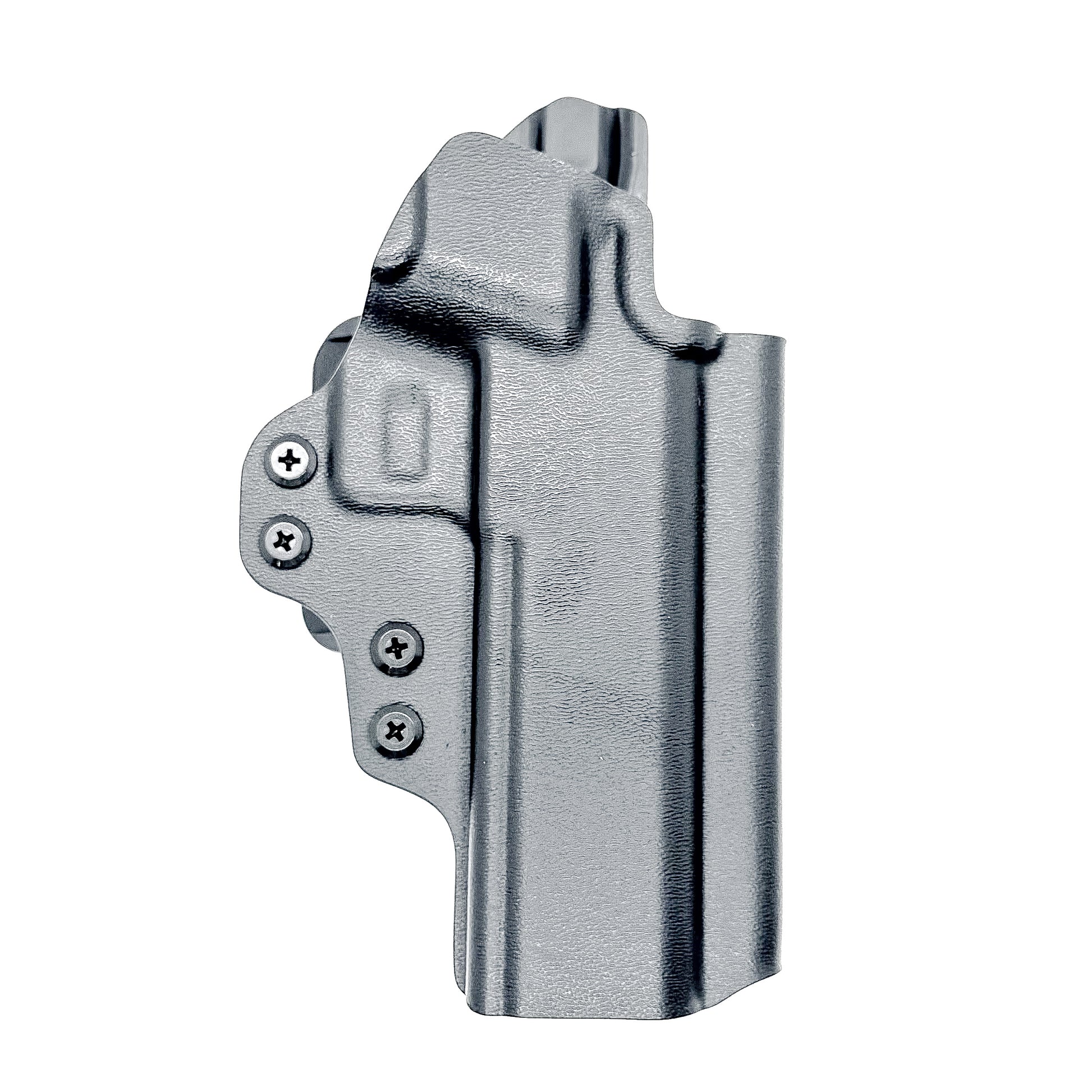 Black OWB Kydex holster for Springfield 1911 DS Prodigy with open muzzle, full sweat guard, and red dot sight compatibility.