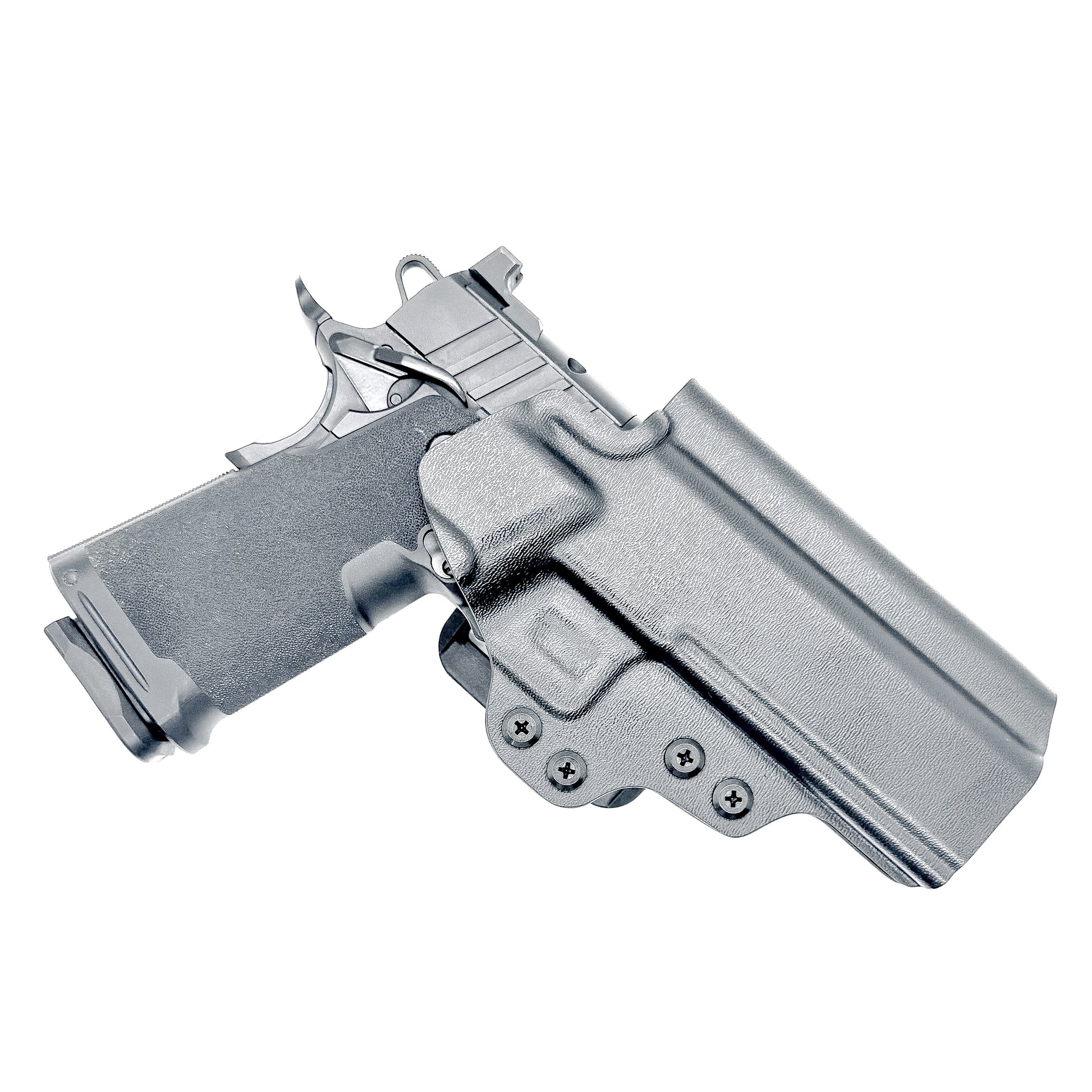 Black OWB Kydex holster for Springfield 1911 DS Prodigy with open muzzle, full sweat guard, and red dot sight compatibility.