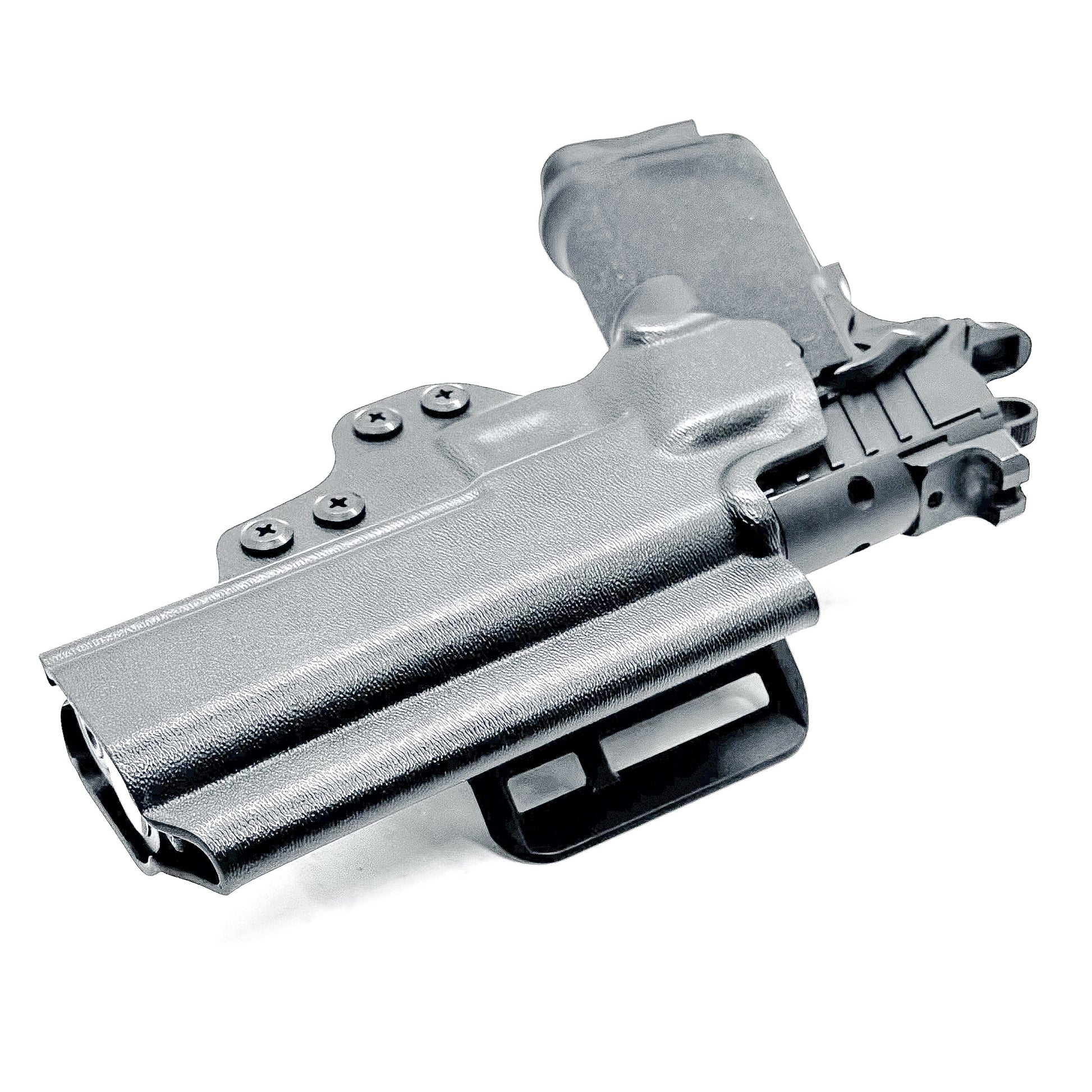 Black OWB Kydex holster for Springfield 1911 DS Prodigy with open muzzle, full sweat guard, and red dot sight compatibility.