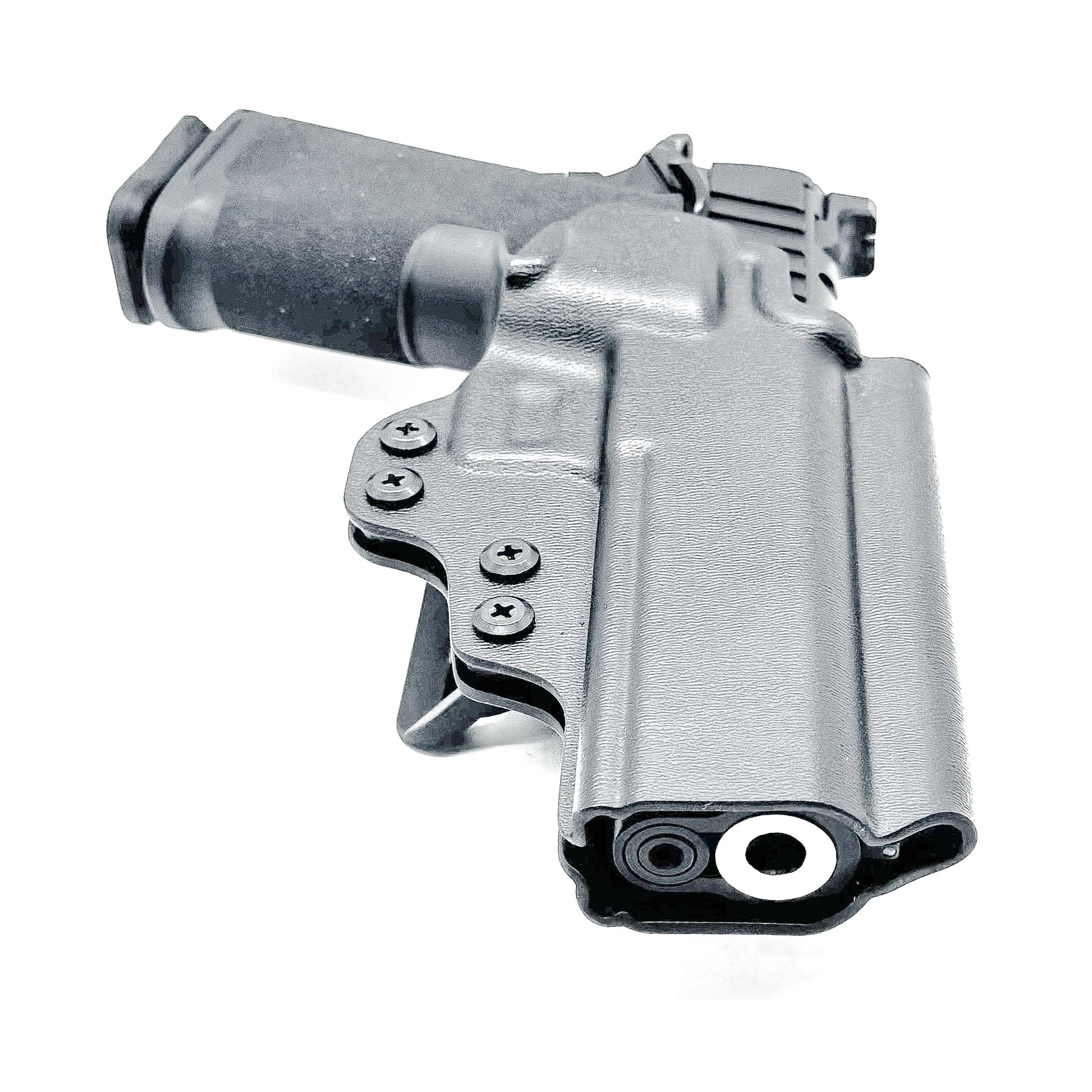 Black OWB Kydex holster for Springfield 1911 DS Prodigy with open muzzle, full sweat guard, and red dot sight compatibility.