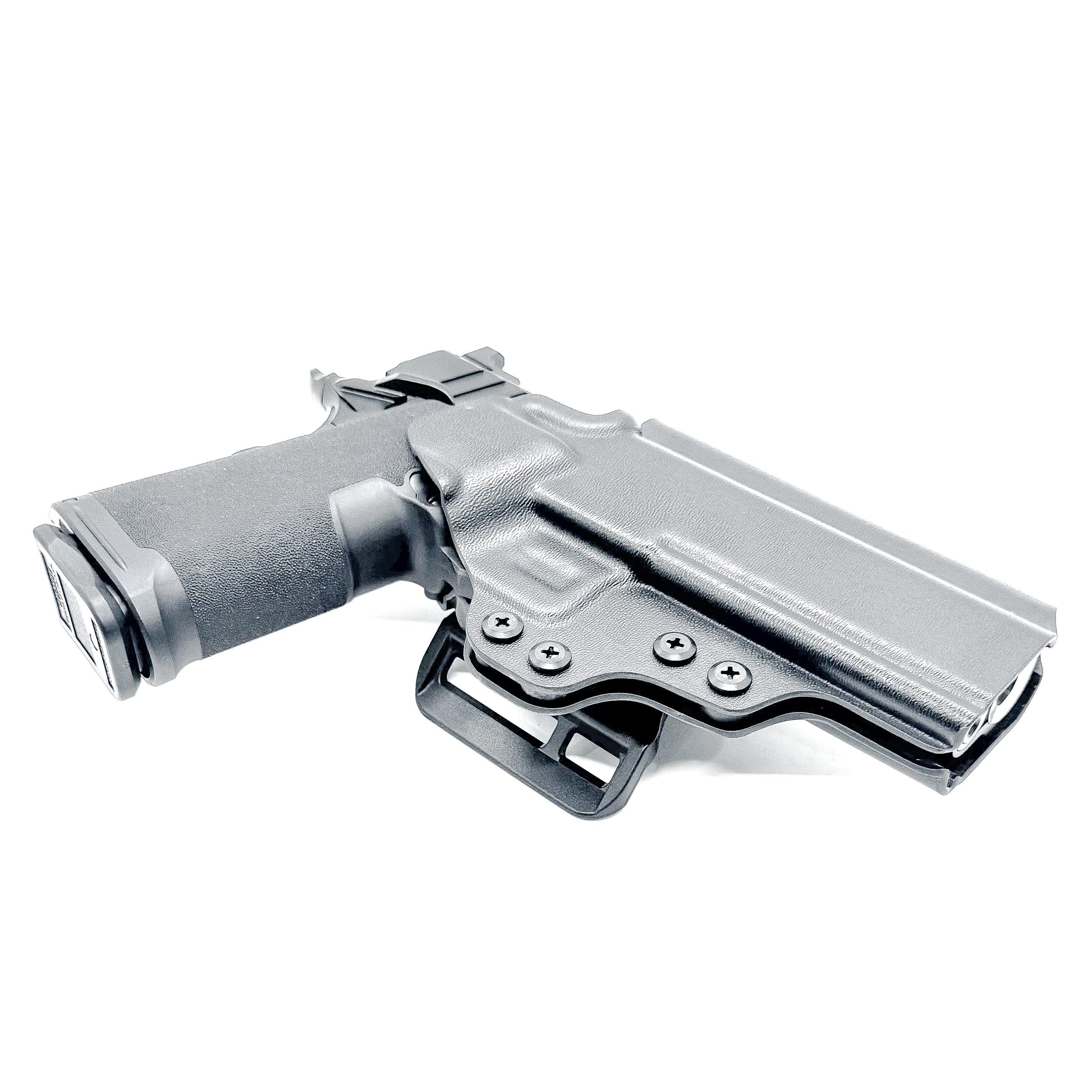 Black OWB Kydex holster for Springfield 1911 DS Prodigy with open muzzle, full sweat guard, and red dot sight compatibility.