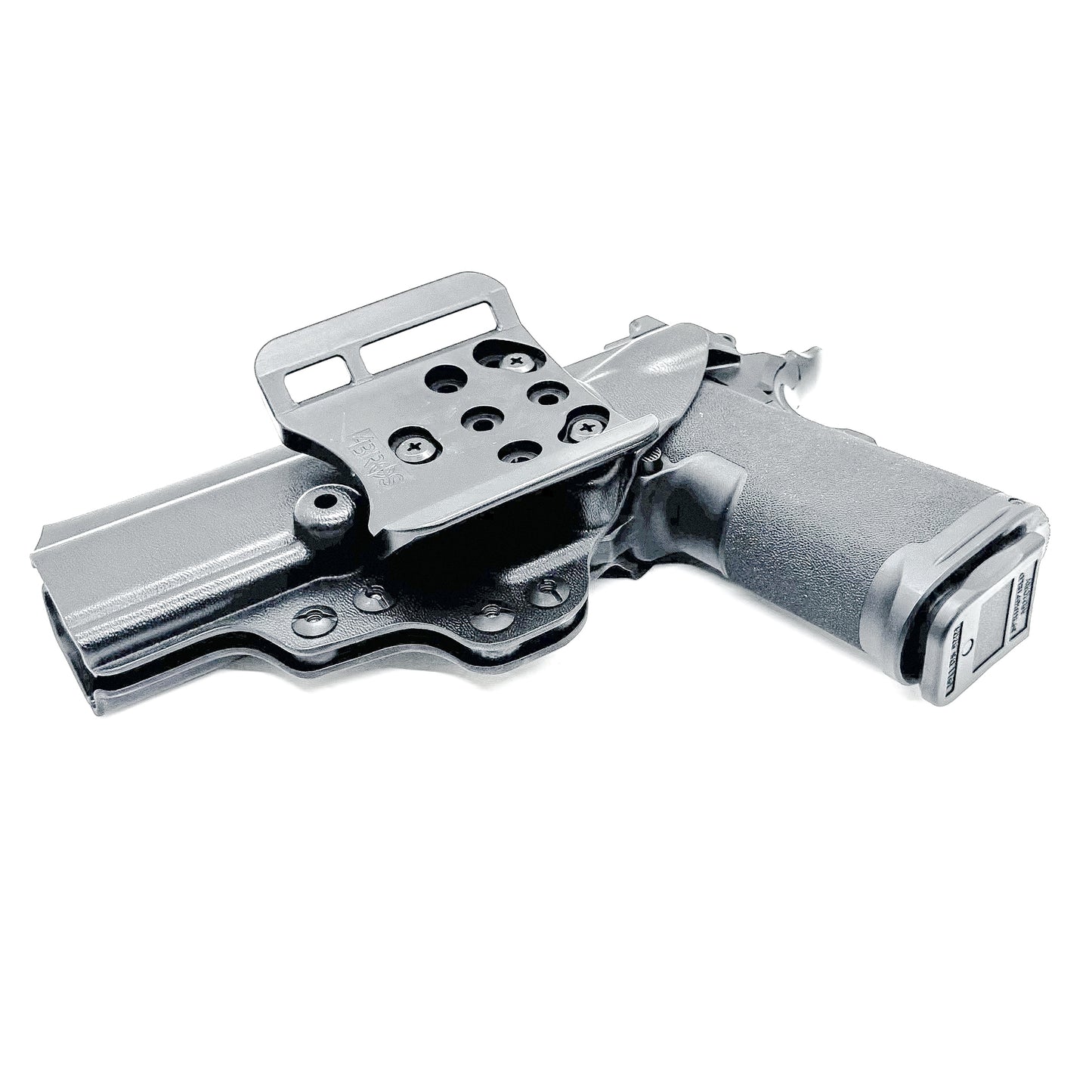 Black OWB Kydex holster for Springfield 1911 DS Prodigy with open muzzle, full sweat guard, and red dot sight compatibility.