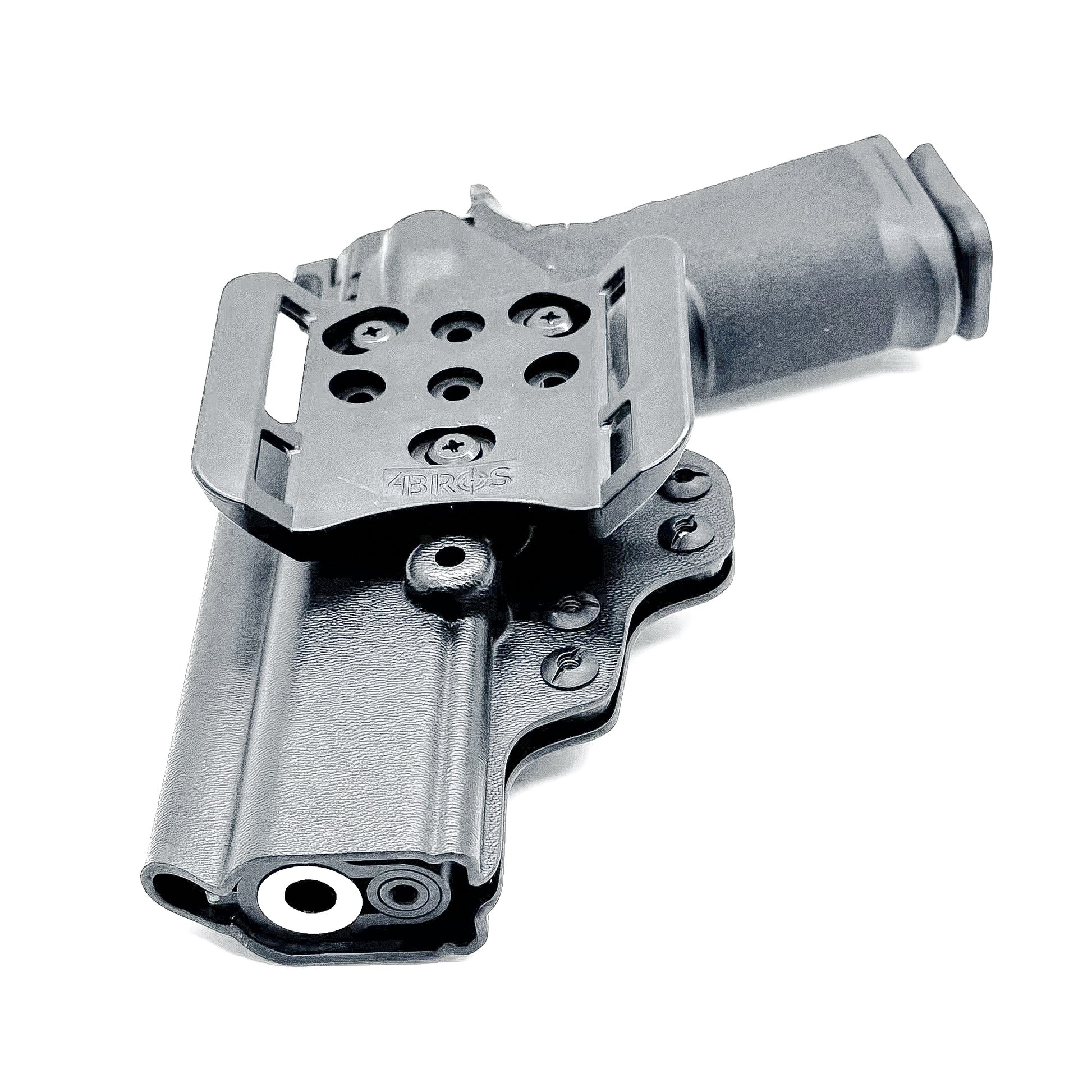 Black OWB Kydex holster for Springfield 1911 DS Prodigy with open muzzle, full sweat guard, and red dot sight compatibility.