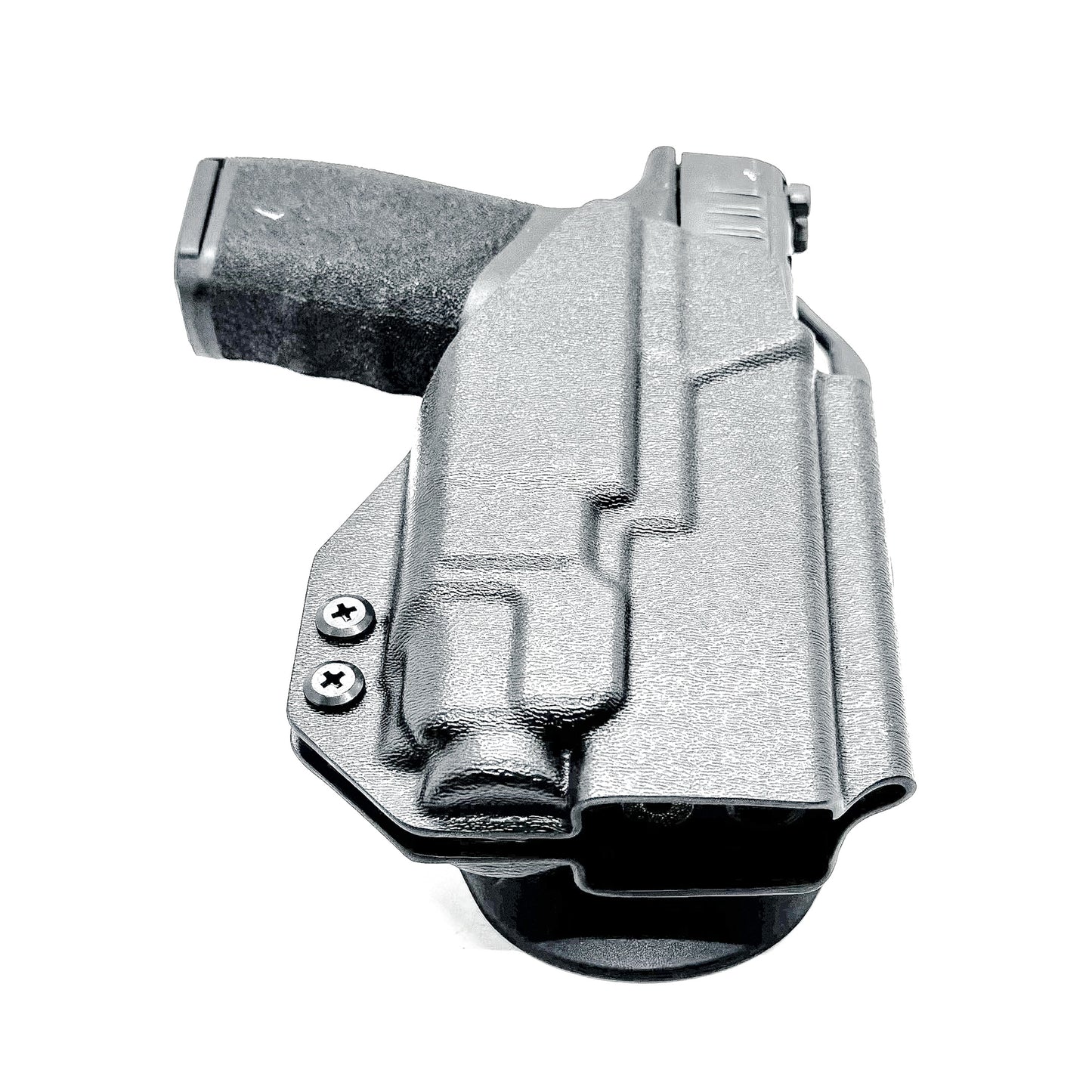 Black OWB light-duty and competition holster for Springfield Hellcat Pro with TLR-8A Light. Red dot ready, threaded barrel compatible.