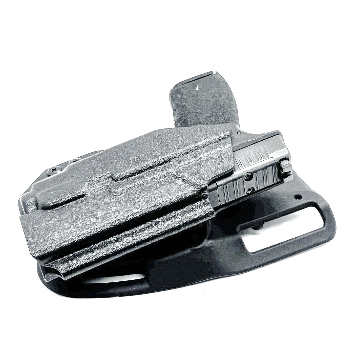 Black OWB light-duty and competition holster for Springfield Hellcat Pro with TLR-8A Light. Red dot ready, threaded barrel compatible.