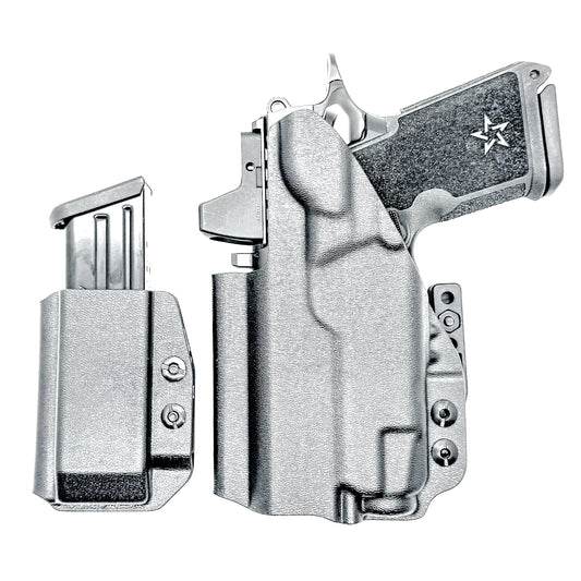 Black inside waistband IWB holster for Staccato HD C3.6 with Streamlight TLR-7 X and Glock 9 MM mag carrier. Shown with DCC Monoblock and a modwing.