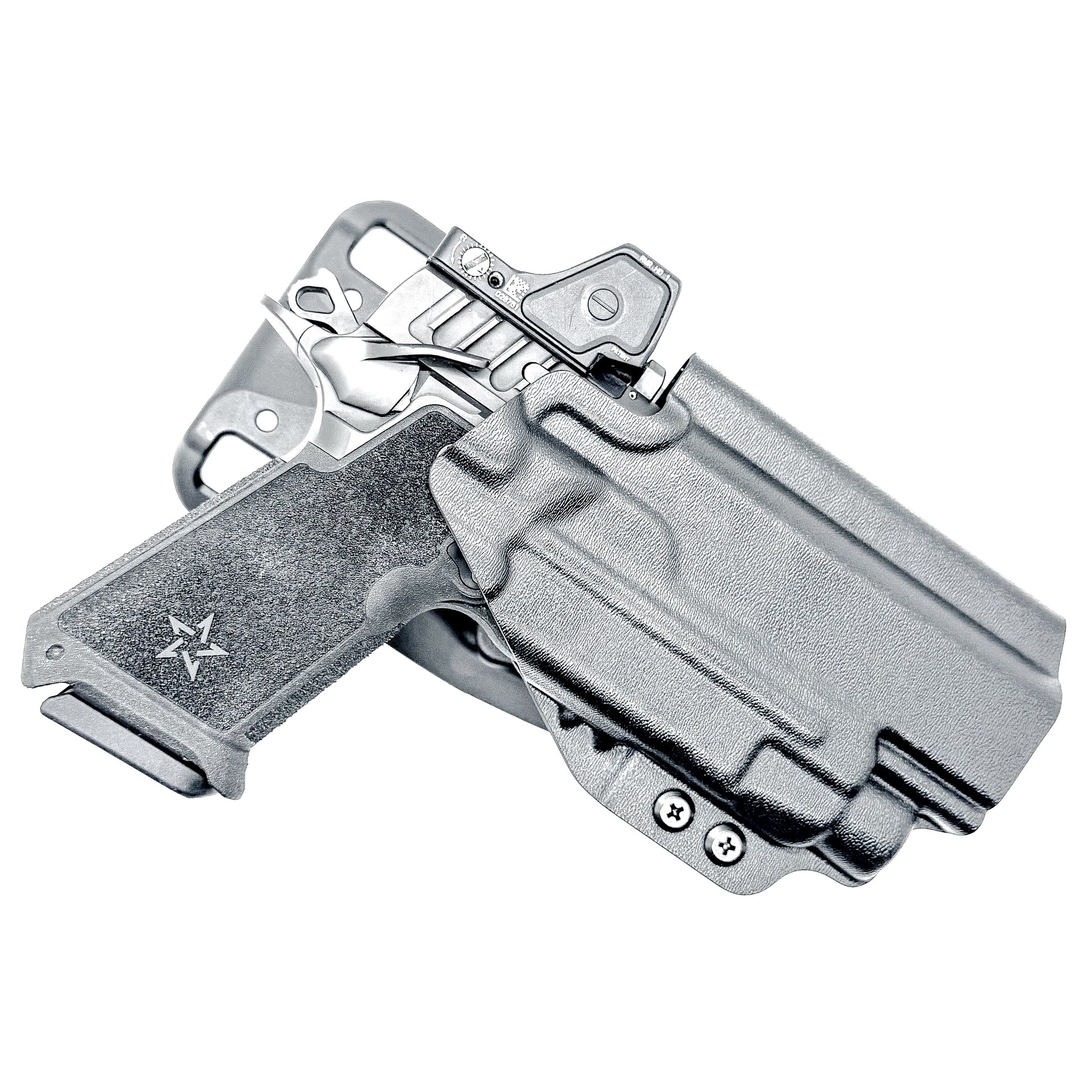 Precision-fit OWB outside the waistband duty & competition holster for the Staccato HD P4.5 and Streamlight TLR-7 HL-X from Four Brothers. Made in the USA.