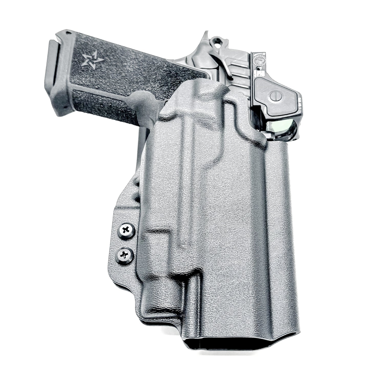 Precision-fit OWB outside the waistband duty & competition holster for the Staccato HD P4.5 and Streamlight TLR-7 HL-X from Four Brothers. Made in the USA.
