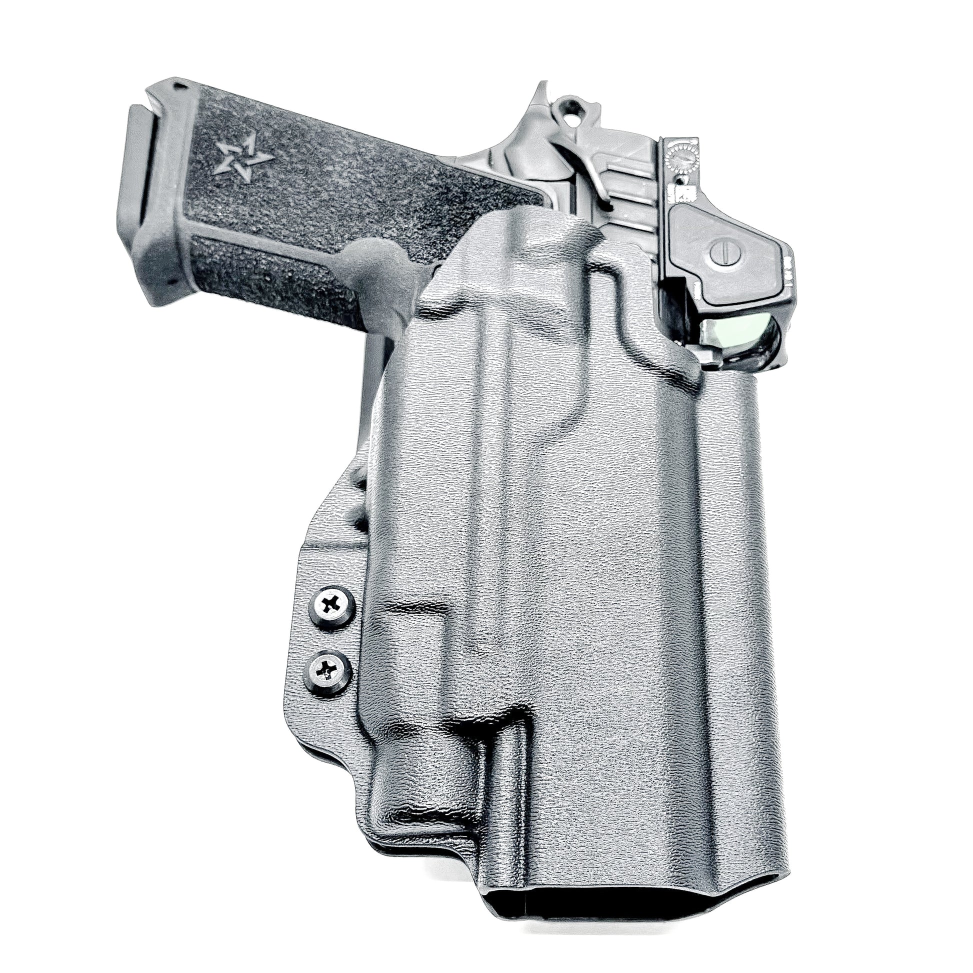 Precision-fit OWB outside the waistband duty & competition holster for the Staccato HD P4.5 and Streamlight TLR-7 HL-X from Four Brothers. Made in the USA.