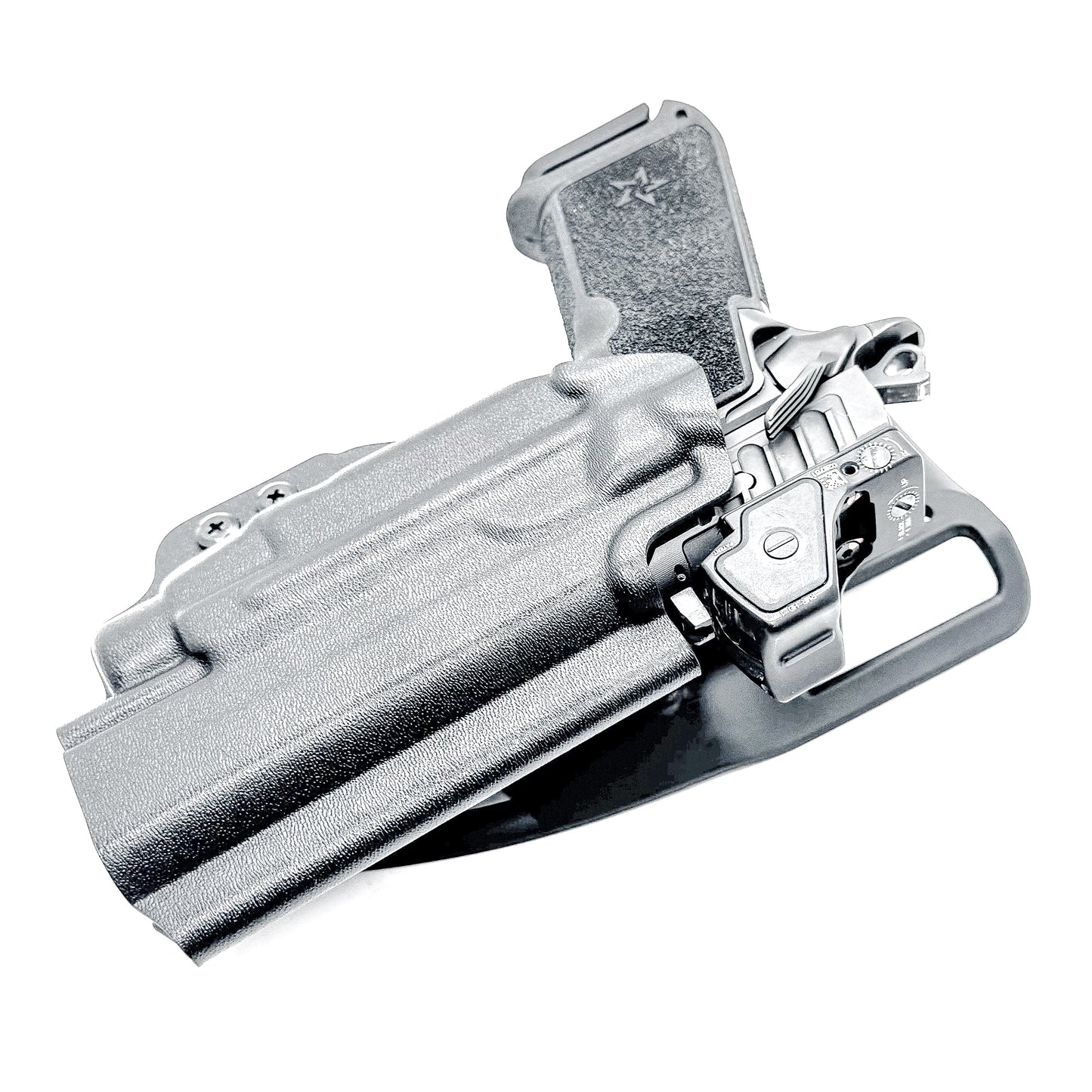 Precision-fit OWB outside the waistband duty & competition holster for the Staccato HD P4.5 and Streamlight TLR-7 HL-X from Four Brothers. Made in the USA.
