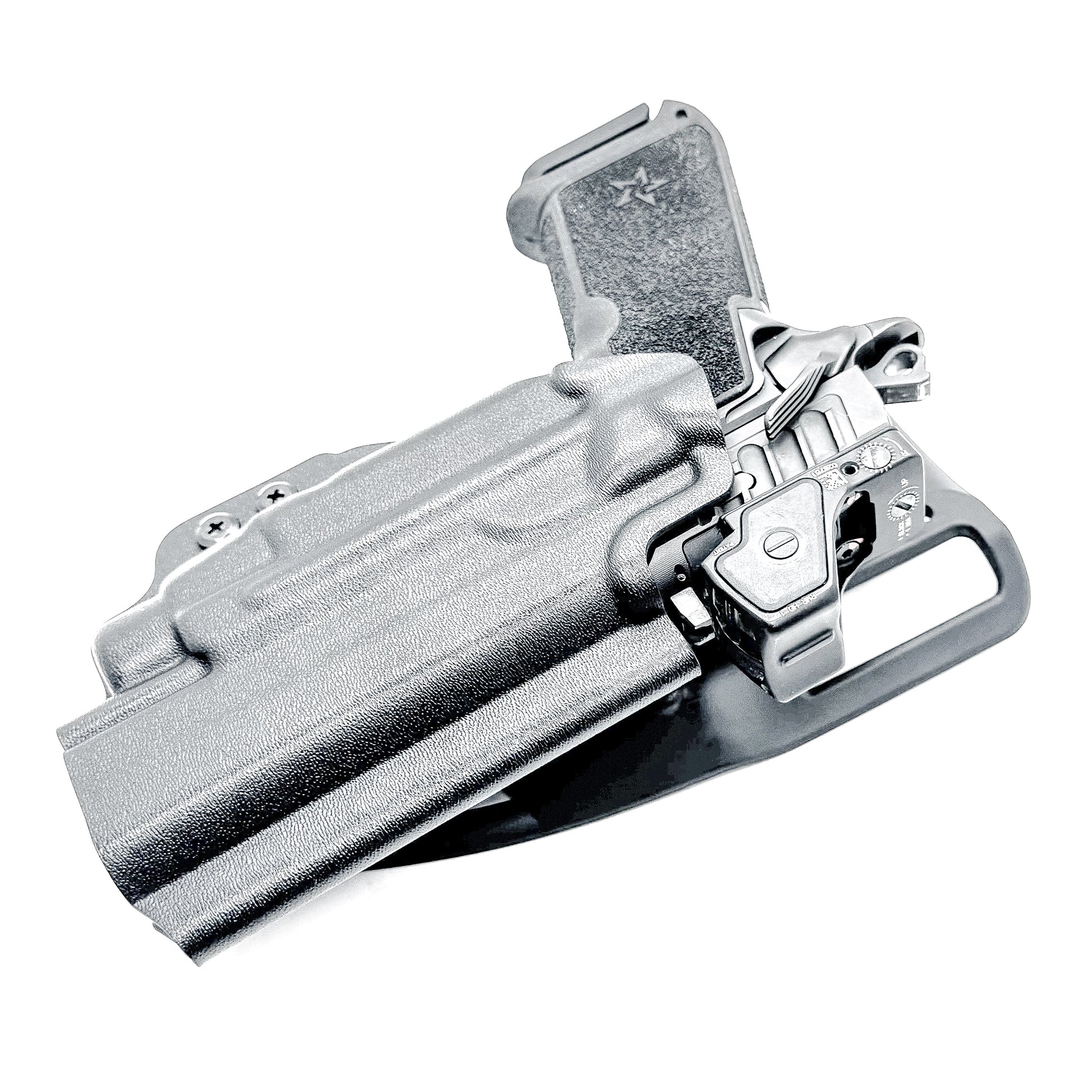 Precision-fit OWB outside the waistband duty & competition holster for the Staccato HD P4.5 and Streamlight TLR-7 HL-X from Four Brothers. Made in the USA.