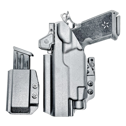 Custom-fit IWB holster for Staccato HD P4.5 with TLR-7 HL-X and Glock 9MM mag carrier. Adjustable retention, optics-ready, and made in the USA.