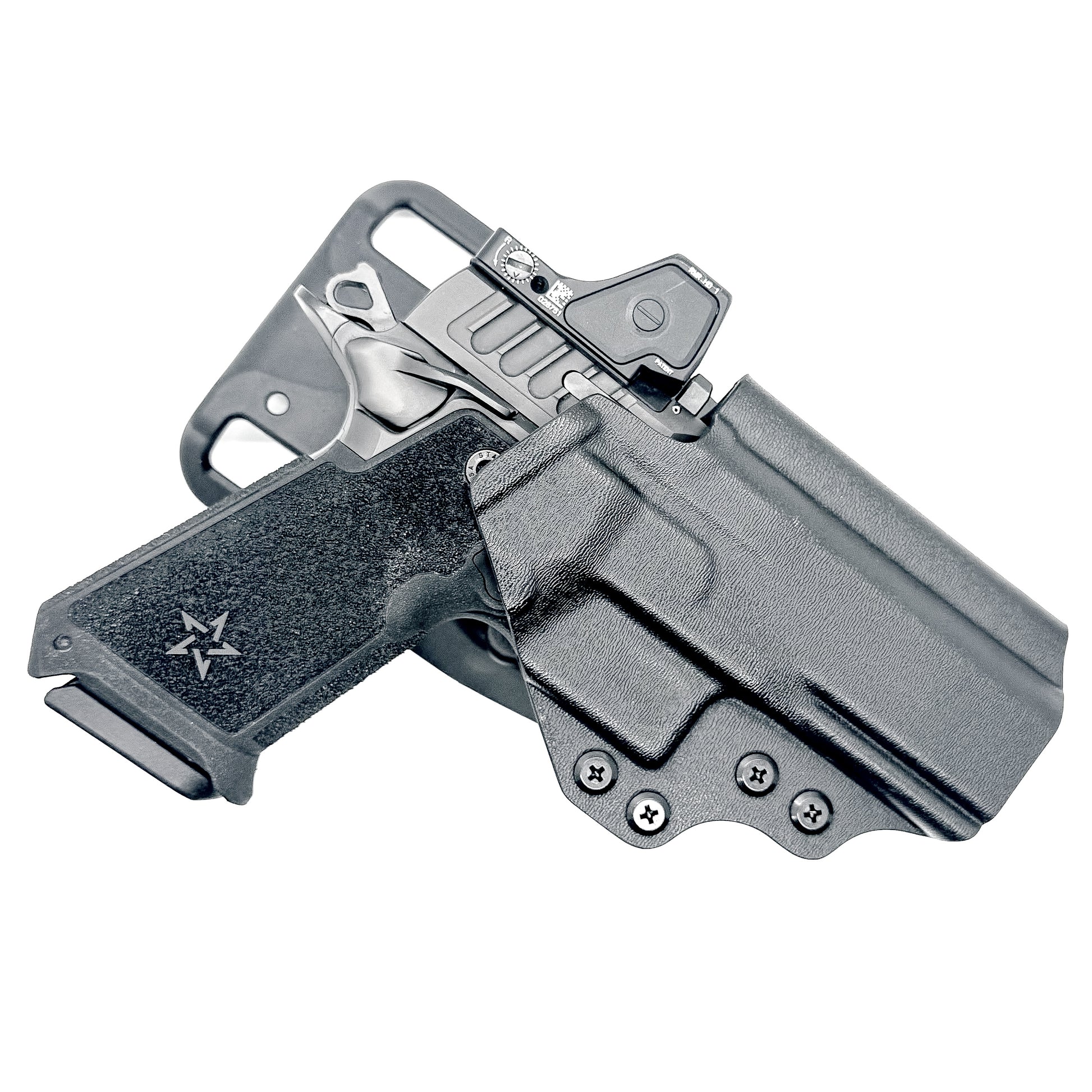 Precision-fit OWB outside the waistband duty & competition holster for the Staccato HD P4 from Four Brothers. Durable, secure, and made in the USA