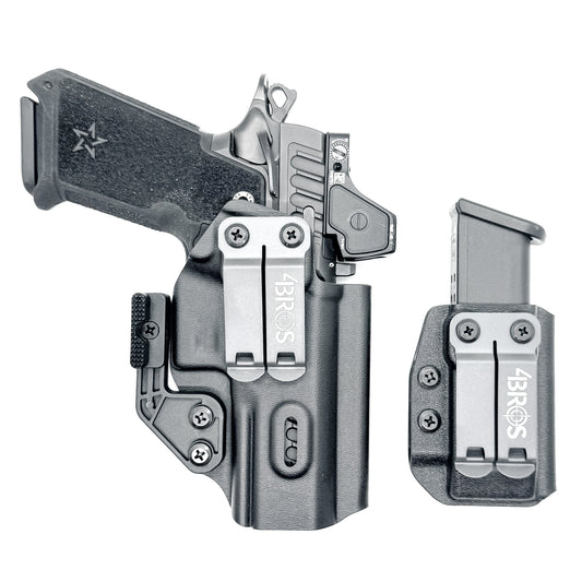 Black IWB holster for Staccato HD P4 with Glock 9MM mag carrier, Modwing, and Monoblock clip – right-hand concealed carry setup