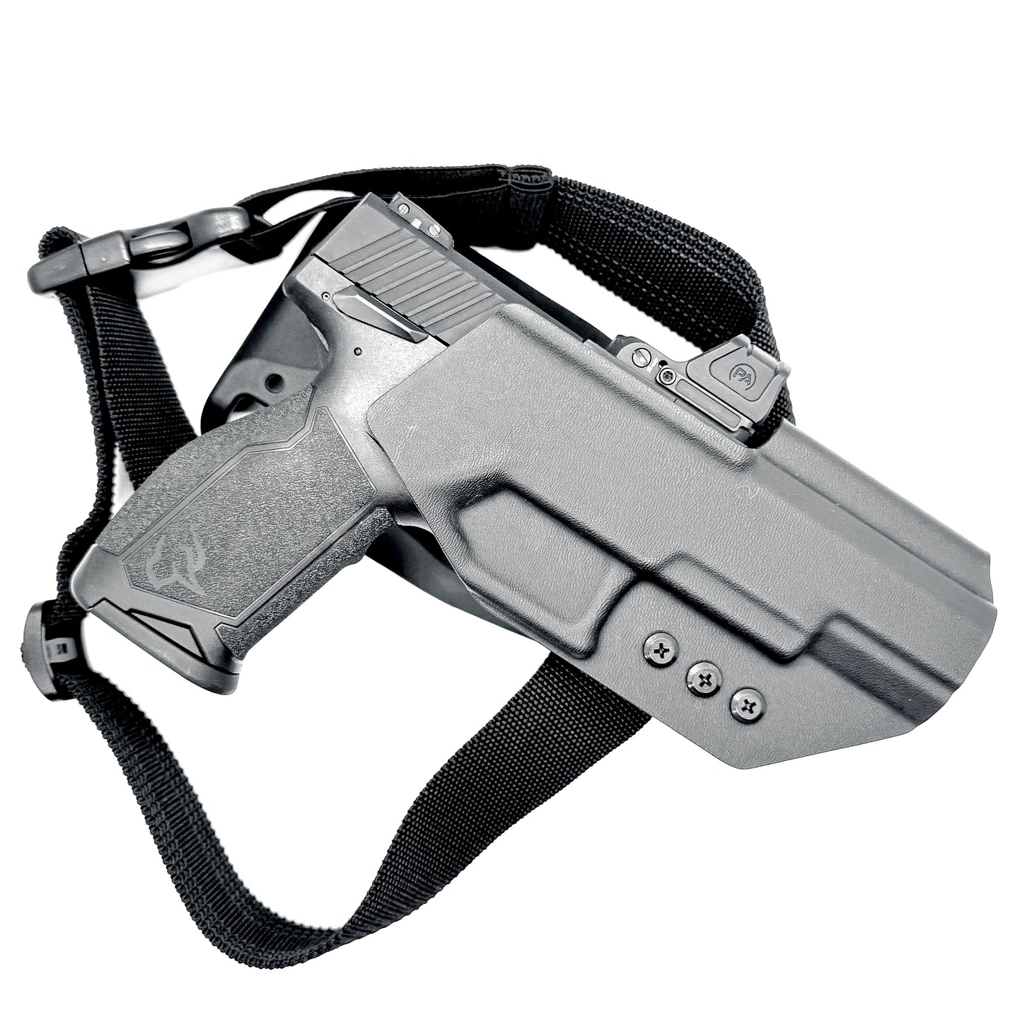 For the best OWB Competition .093 Kydex holster for the Taurus TX 22 Competition Pistol with Blade-Tech Duty Drop & Thigh Strap shop Four Brothers Holsters.