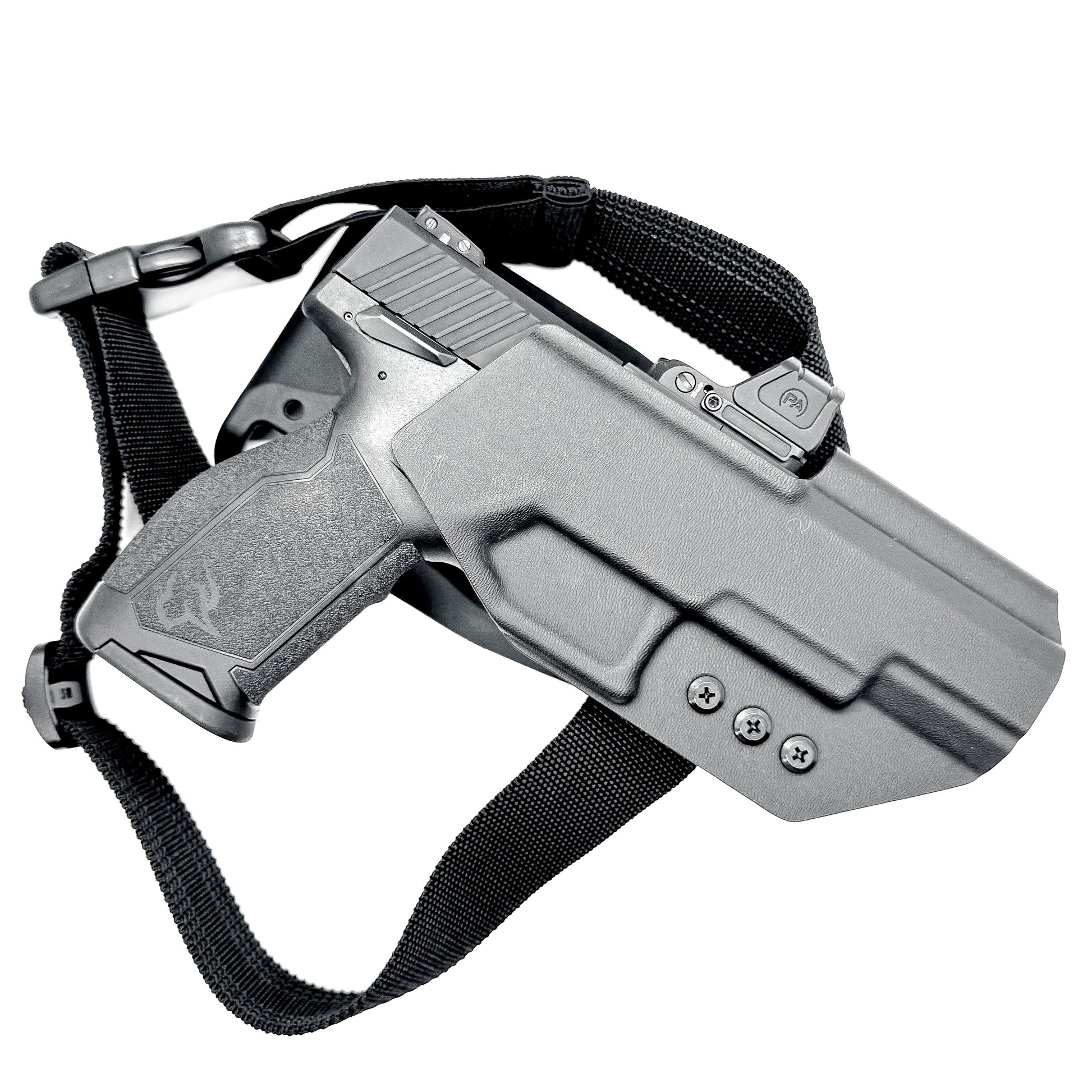 For the best OWB Competition .093 Kydex holster for the Taurus TX 22 Competition Pistol with Blade-Tech Duty Drop & Thigh Strap shop Four Brothers Holsters.