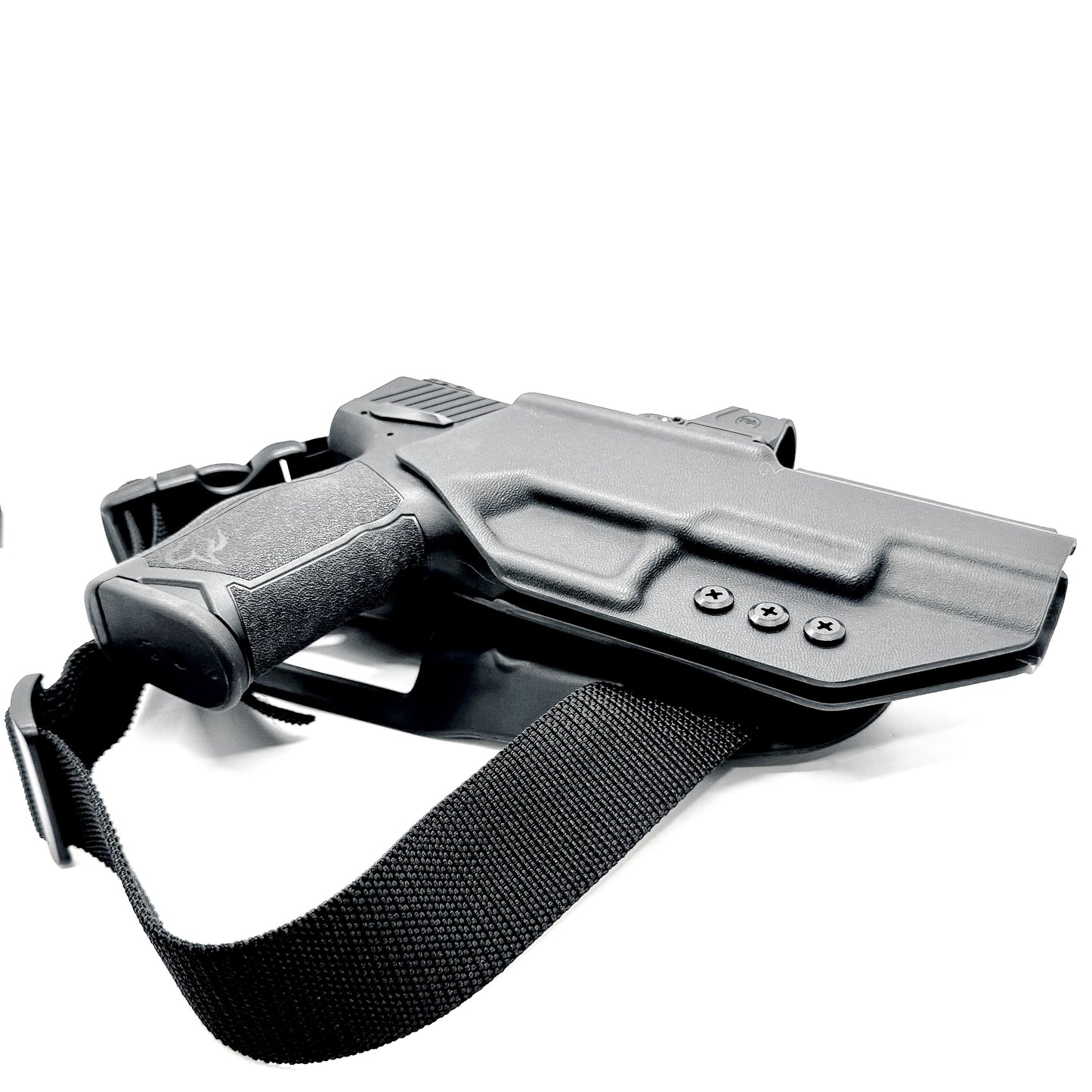 For the best OWB Competition .093 Kydex holster for the Taurus TX 22 Competition Pistol with Blade-Tech Duty Drop & Thigh Strap shop Four Brothers Holsters.