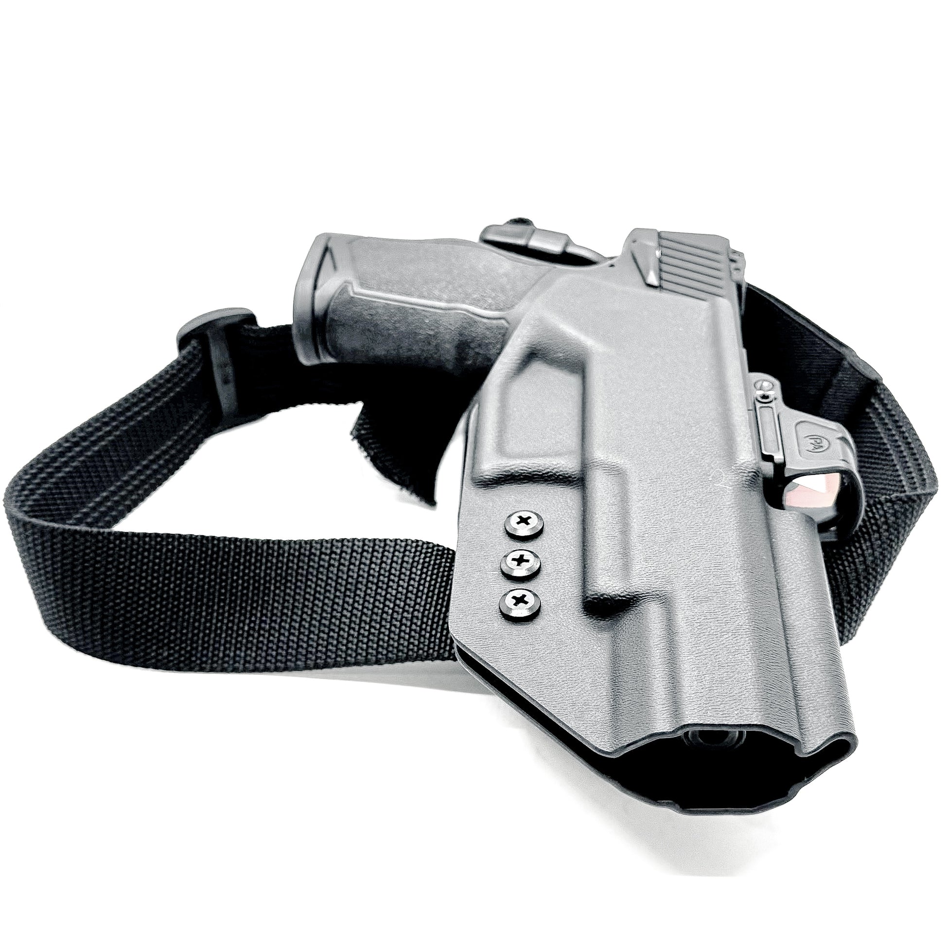 For the best OWB Competition .093 Kydex holster for the Taurus TX 22 Competition Pistol with Blade-Tech Duty Drop & Thigh Strap shop Four Brothers Holsters.