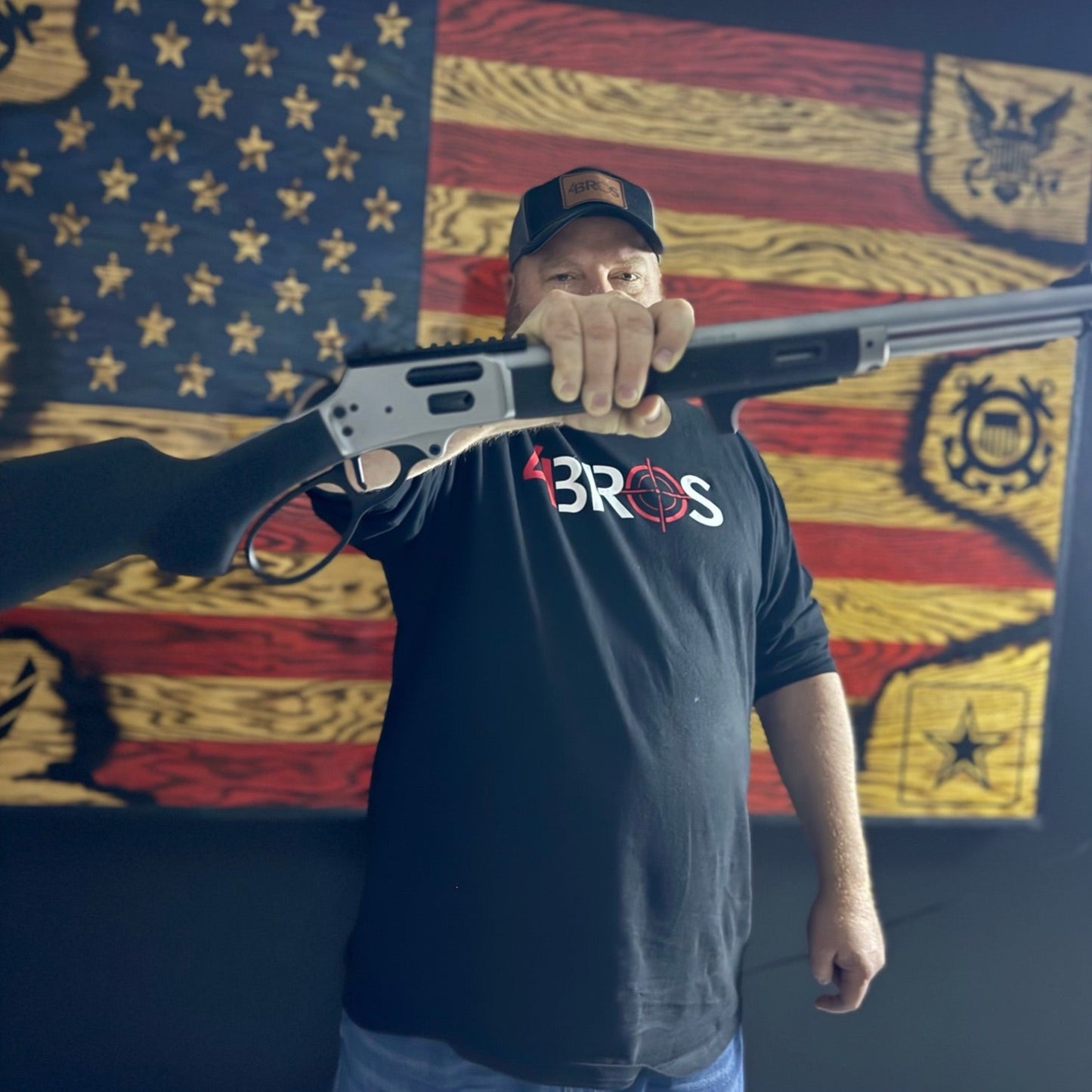 The 4Bros Smith & Wesson 1854 M-Lok Handstop for better rearward grip pressure, improving comfort & stability when shooting this 44 magnum lever action rifle.