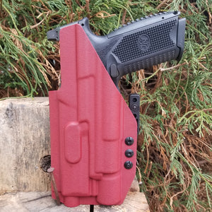 Inside Waistband Taco Style Holster designed to fit the FN 509, 509 Tactical, 509 LS Edge as well as the Apex Tactical 5.00" Slide with the Surefire X300U A or B model weapon mounted light. Adjustable retention and High sweat guard Holster is also built to accommodate compensators on the 509 Tactical