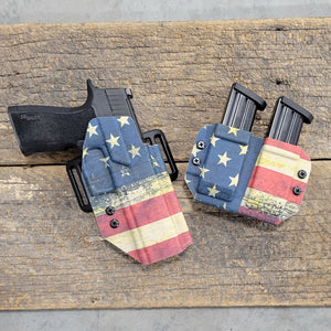 Best Dual Magazine Holster designed to fit double stack 10mm and 45 ACP pistol magazines from Sig Sauer, Glock, FN, Walther, Ruger, Smith & Wesson, and others. Magazine retention is adjustable with the Magazine Retention Device and a 1/8" Allen wrench. Pouch will allow bullets forward or bullets back mag orientation. 