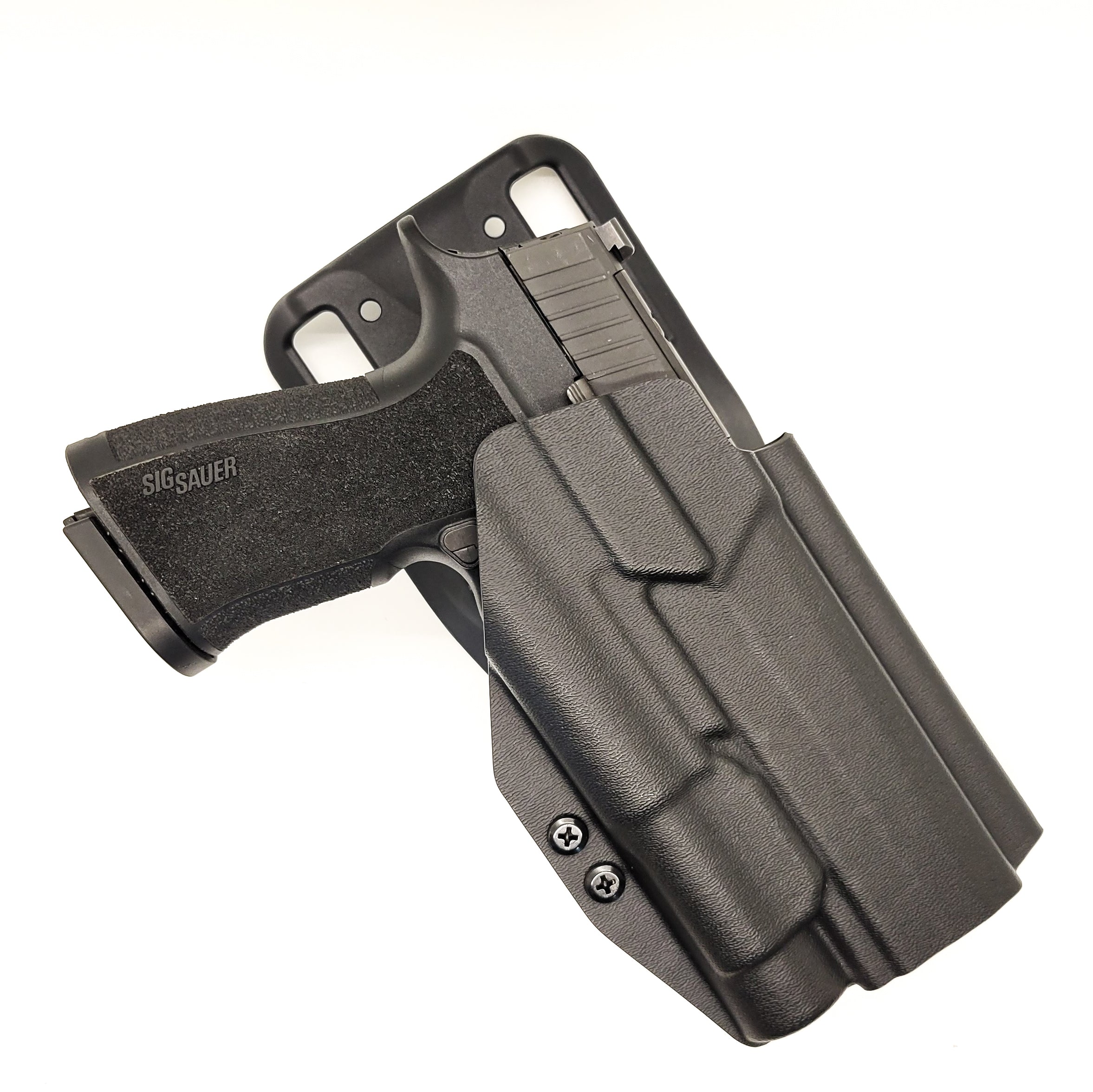 Outside Waistband Duty and Competition Style Kydex Holster designed to fit the Sig Sauer P320-XTEN with the Streamlight TLR-1 or TLR-1 HL attached to the pistol. Open Muzzle, Full Sweat Guard, Adjustable Retention. Profile cut for red dot sights optics on the pistol. Made in the USA. P 320 XTen X Ten X10 X 10 10MM