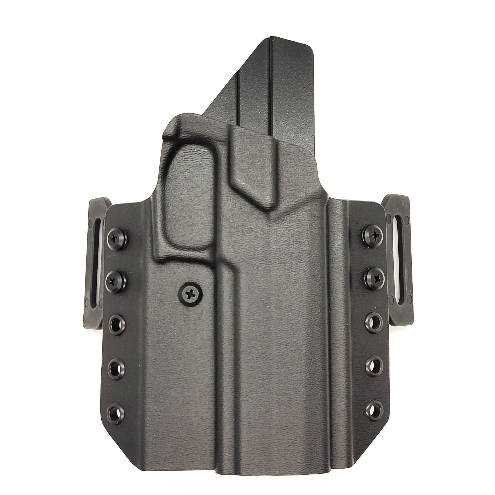 Outside Waistband Pancake Style Kydex holster designed to fit the Sig Sauer 10MM P320-XTEN. Adjustable retention, open muzzle, optic/red dot ready. Made in USA.