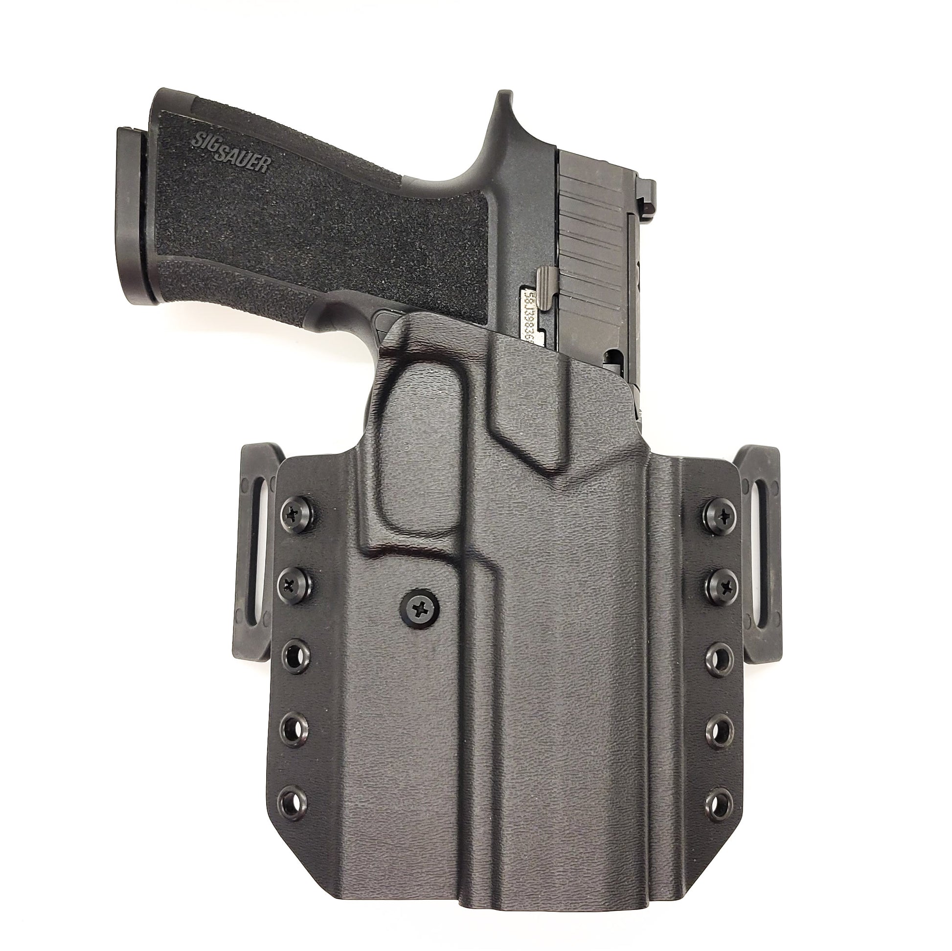 Outside Waistband Pancake Style Kydex holster designed to fit the Sig Sauer 10MM P320-XTEN. Adjustable retention, open muzzle, optic/red dot ready. Made in USA.