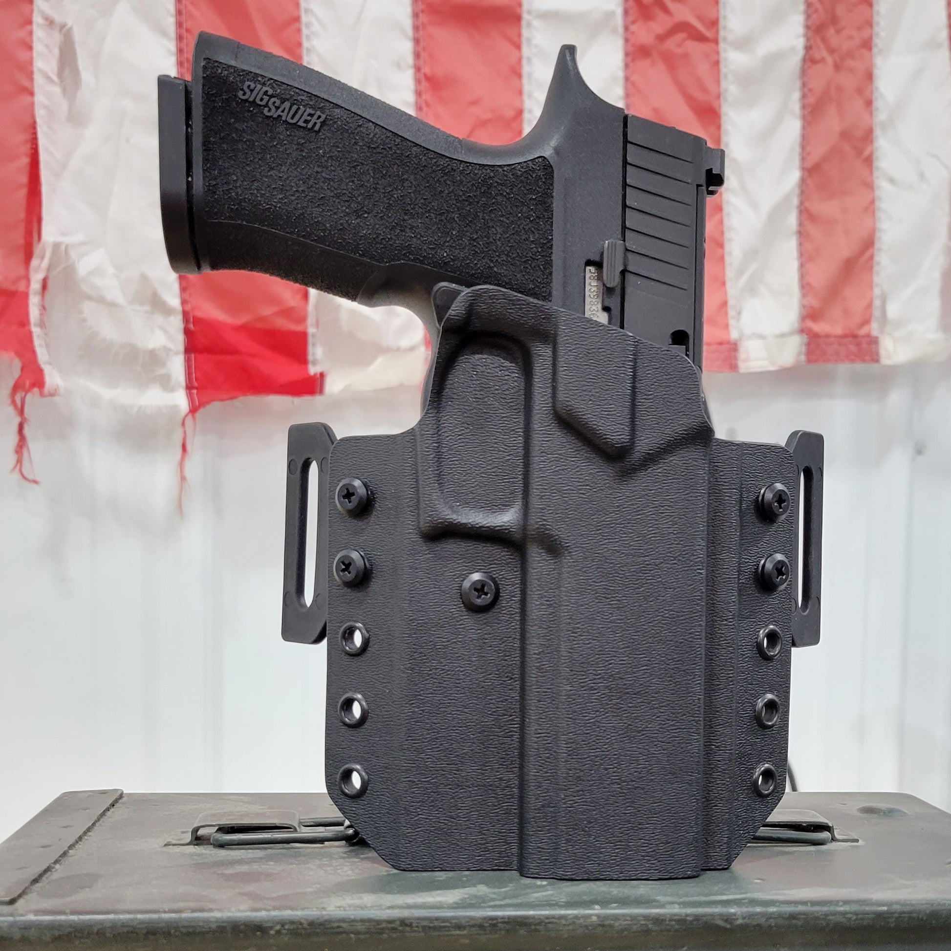 Outside Waistband Pancake Style Kydex holster designed to fit the Sig Sauer 10MM P320-XTEN. Adjustable retention, open muzzle, optic/red dot ready. Made in USA.