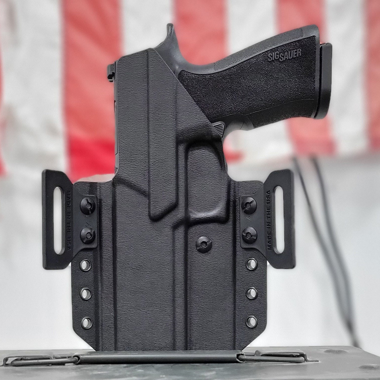 Outside Waistband Pancake Style Kydex holster designed to fit the Sig Sauer 10MM P320-XTEN. Adjustable retention, open muzzle, optic/red dot ready. Made in USA.