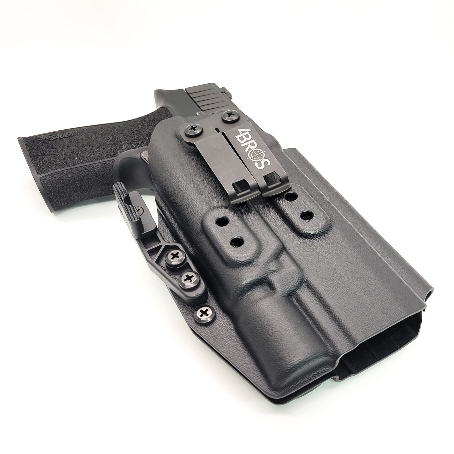 For the best Inside Waistband IWB AIWB holster for the Sig Sauer 10MM P320-XTEN and Surefire X-300U A or B shop Four Brothers 4BROS Holsters. Made in the USA.