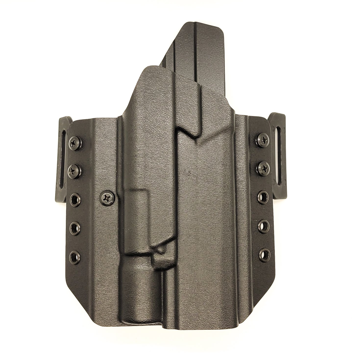 Outside Waistband Pancake Style Kydex holster designed to fit the Sig Sauer 10MM P320-XTEN and Surefire X-300U. Adjustable retention, open muzzle, optic ready.