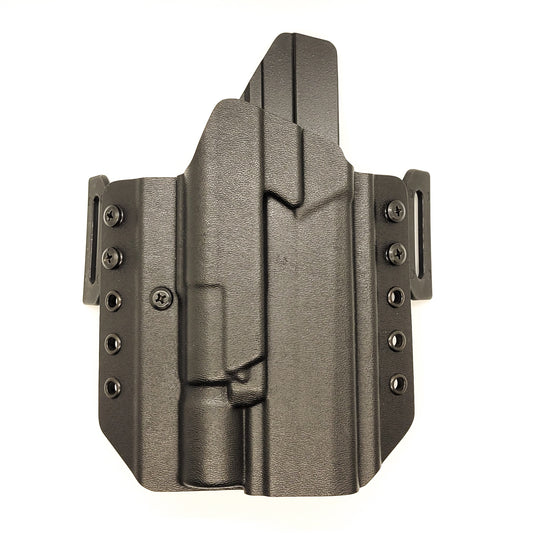 Outside Waistband Pancake Style Kydex holster designed to fit the Sig Sauer 10MM P320-XTEN and Surefire X-300U. Adjustable retention, open muzzle, optic ready.