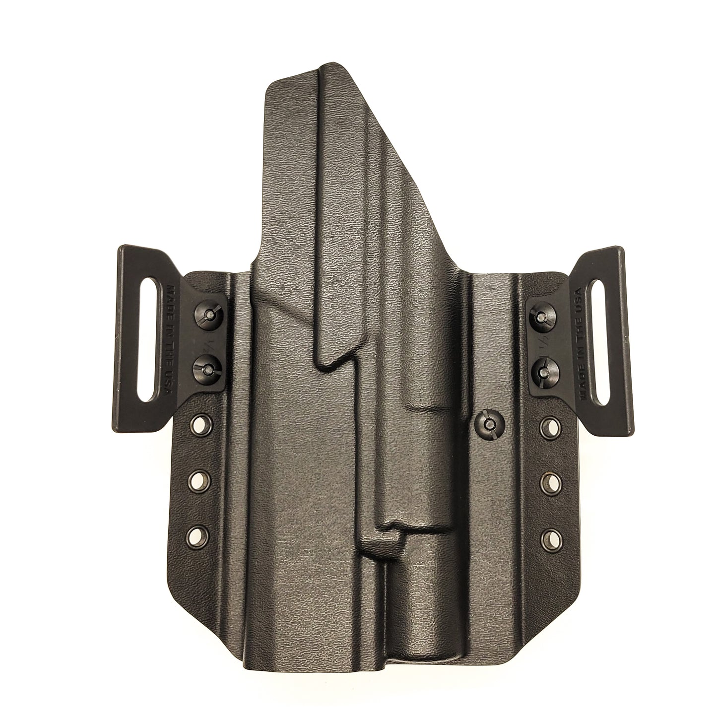 Outside Waistband Pancake Style Kydex holster designed to fit the Sig Sauer 10MM P320-XTEN and Surefire X-300U. Adjustable retention, open muzzle, optic ready.