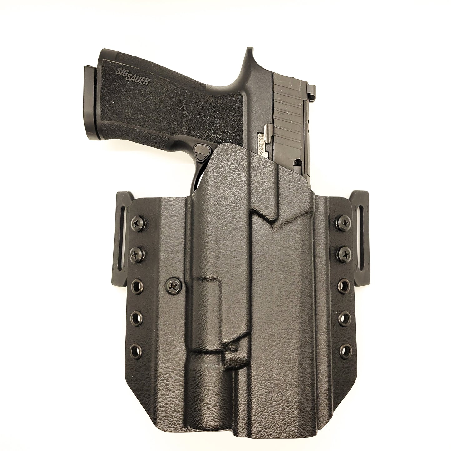 Outside Waistband Pancake Style Kydex holster designed to fit the Sig Sauer 10MM P320-XTEN and Surefire X-300U. Adjustable retention, open muzzle, optic ready.