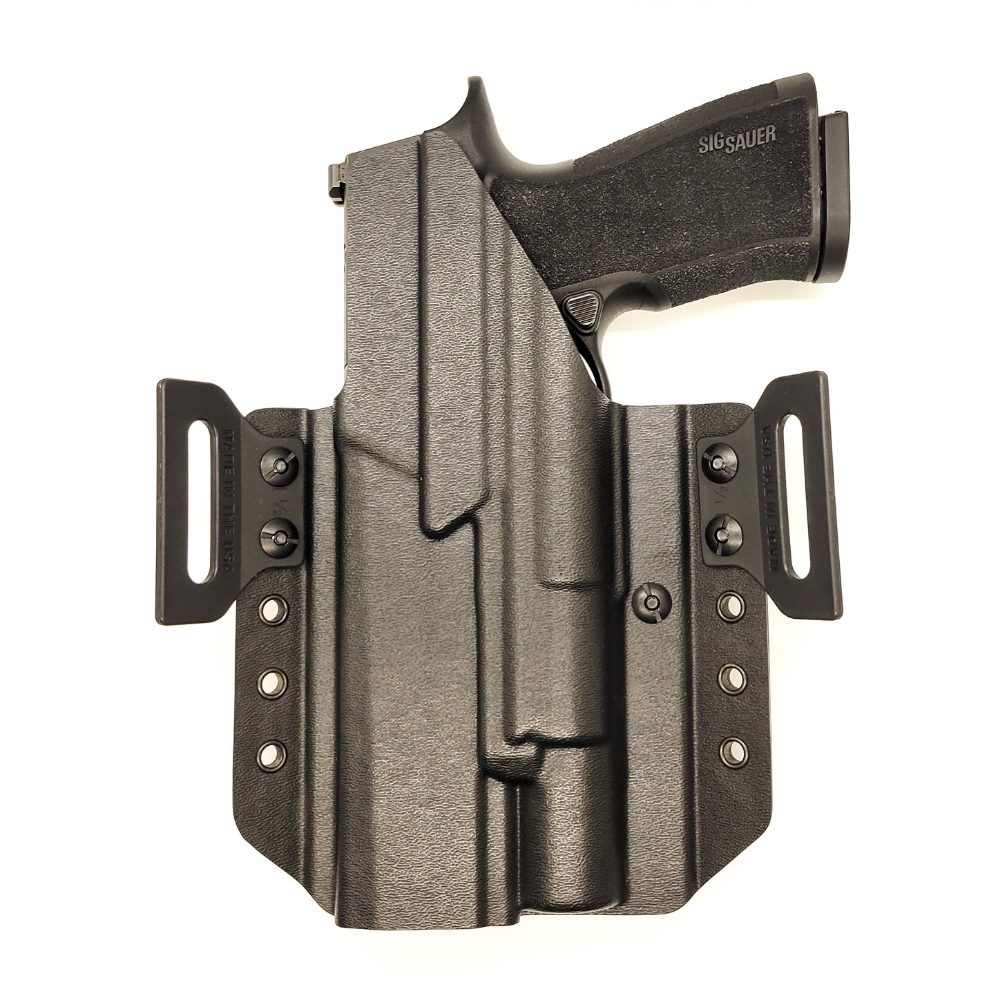 Outside Waistband Pancake Style Kydex holster designed to fit the Sig Sauer 10MM P320-XTEN and Surefire X-300U. Adjustable retention, open muzzle, optic ready.