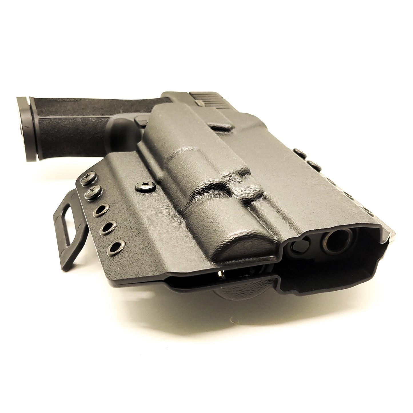 Outside Waistband Pancake Style Kydex holster designed to fit the Sig Sauer 10MM P320-XTEN and Surefire X-300U. Adjustable retention, open muzzle, optic ready.