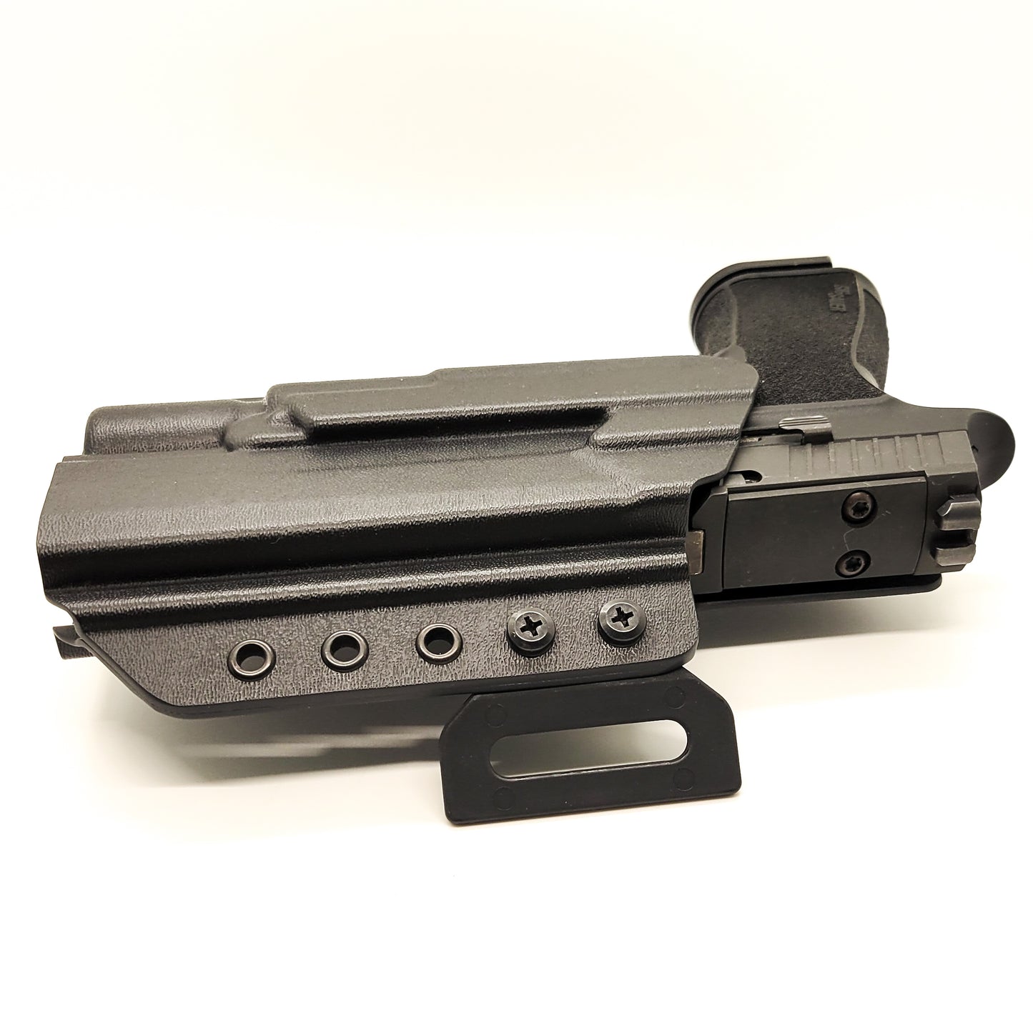 Outside Waistband Pancake Style Kydex holster designed to fit the Sig Sauer 10MM P320-XTEN and Surefire X-300U. Adjustable retention, open muzzle, optic ready.