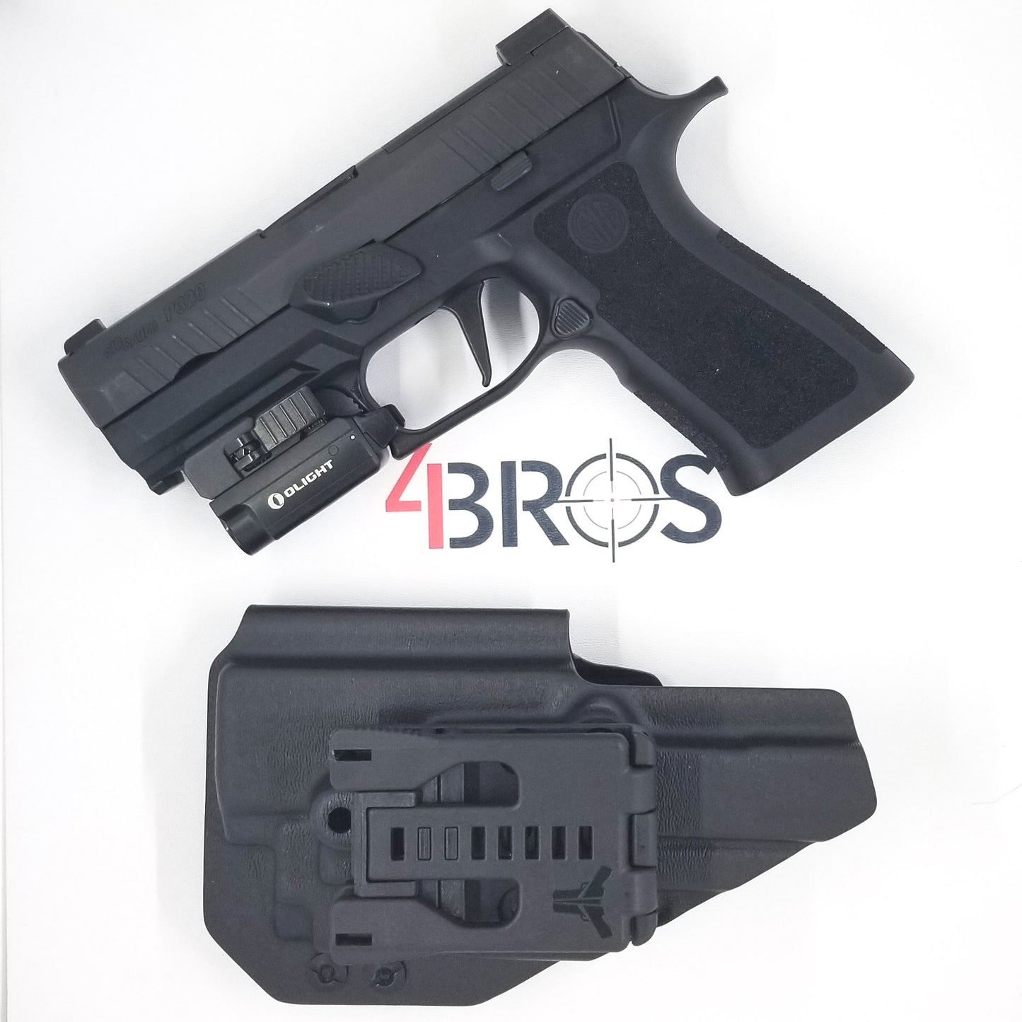 For the best Outside Waistband OWB Holster for the Sig Sauer P320 Carry, Compact or P320 M18 & Olight PL-Mini 2 with Gas Pedal CG shop Four Brothers Holsters.