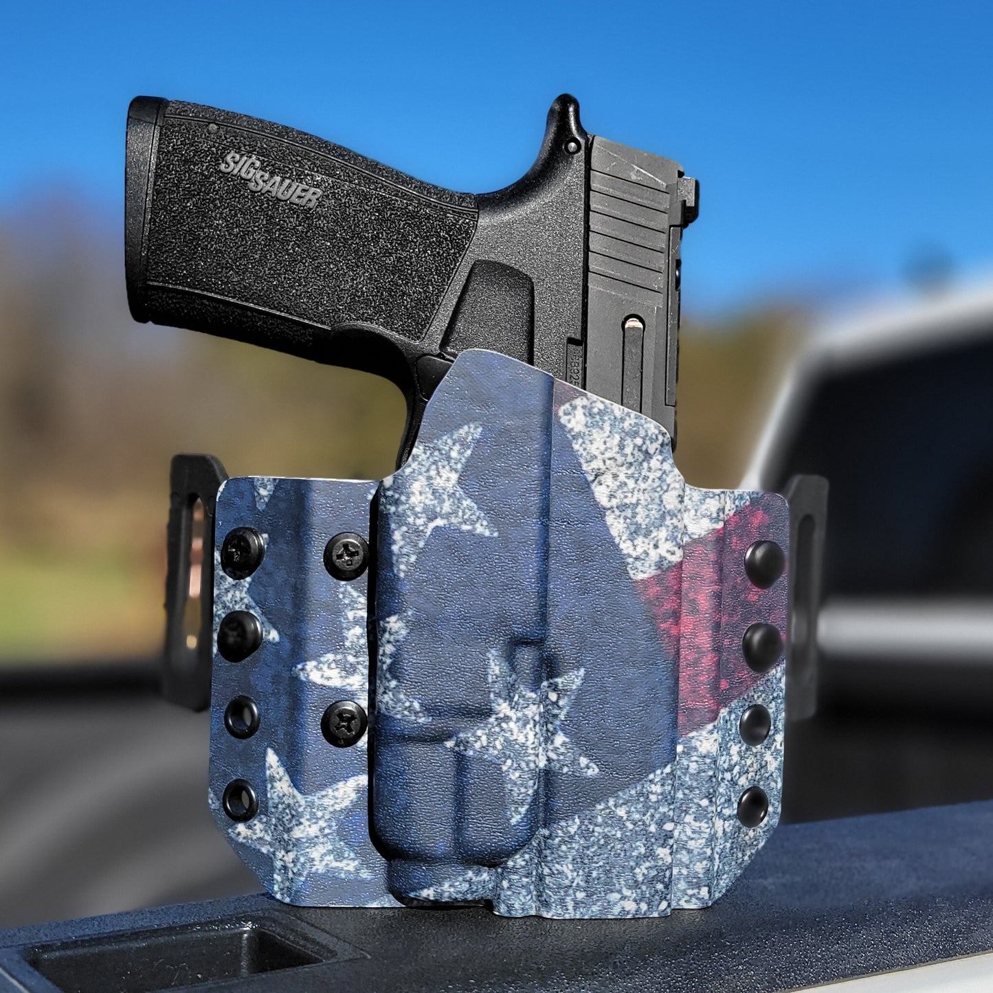 OWB Kydex holster for Sig Sauer P365-XMACRO TLR-7 X & TLR-7 A. Pancake holster, adjustable retention, open muzzle, optic/red dot ready. Made in USA.
