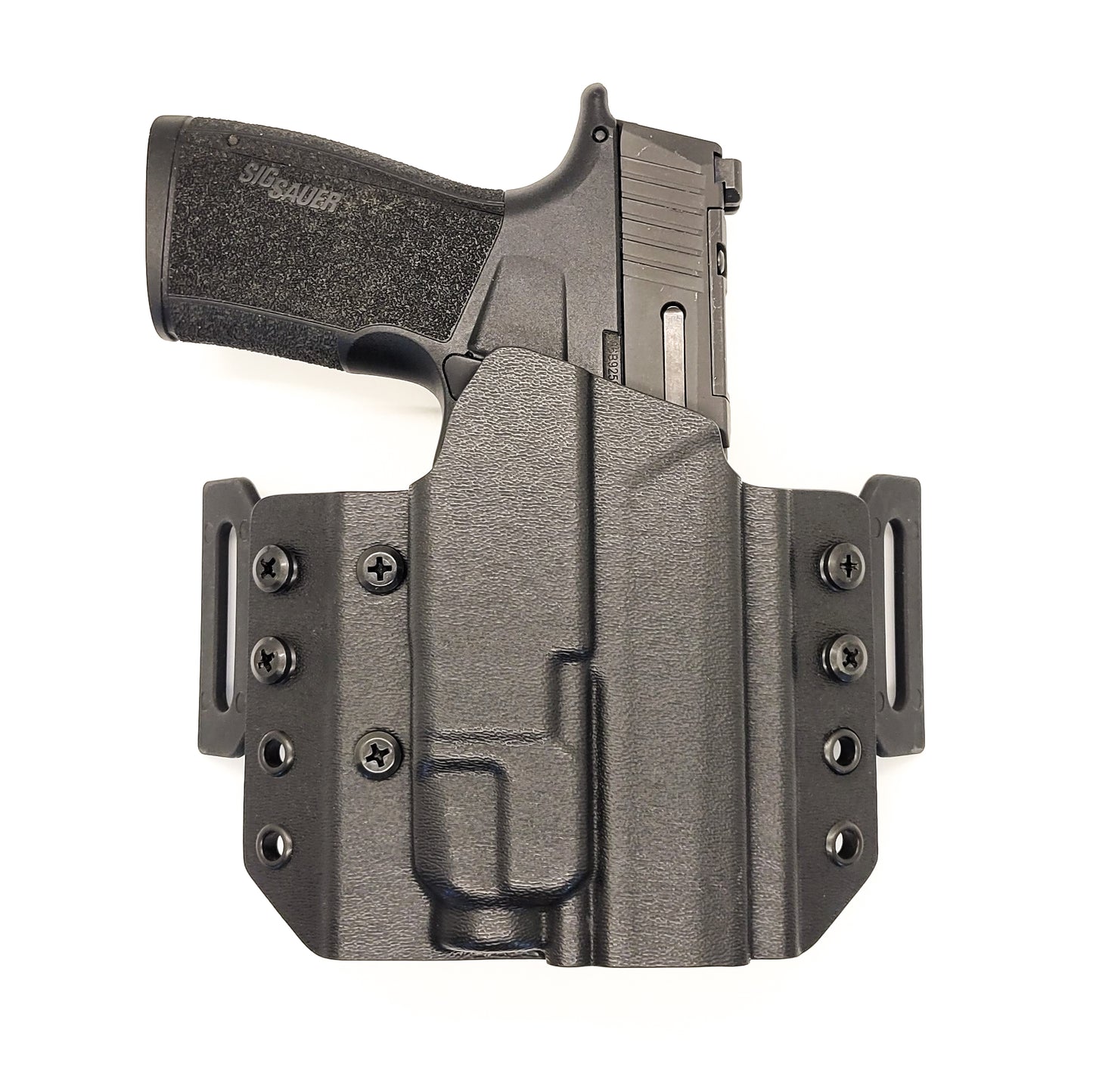 OWB Kydex holster for Sig Sauer P365-XMACRO TLR-7 X & TLR-7 A. Pancake holster, adjustable retention, open muzzle, optic/red dot ready. Made in USA.