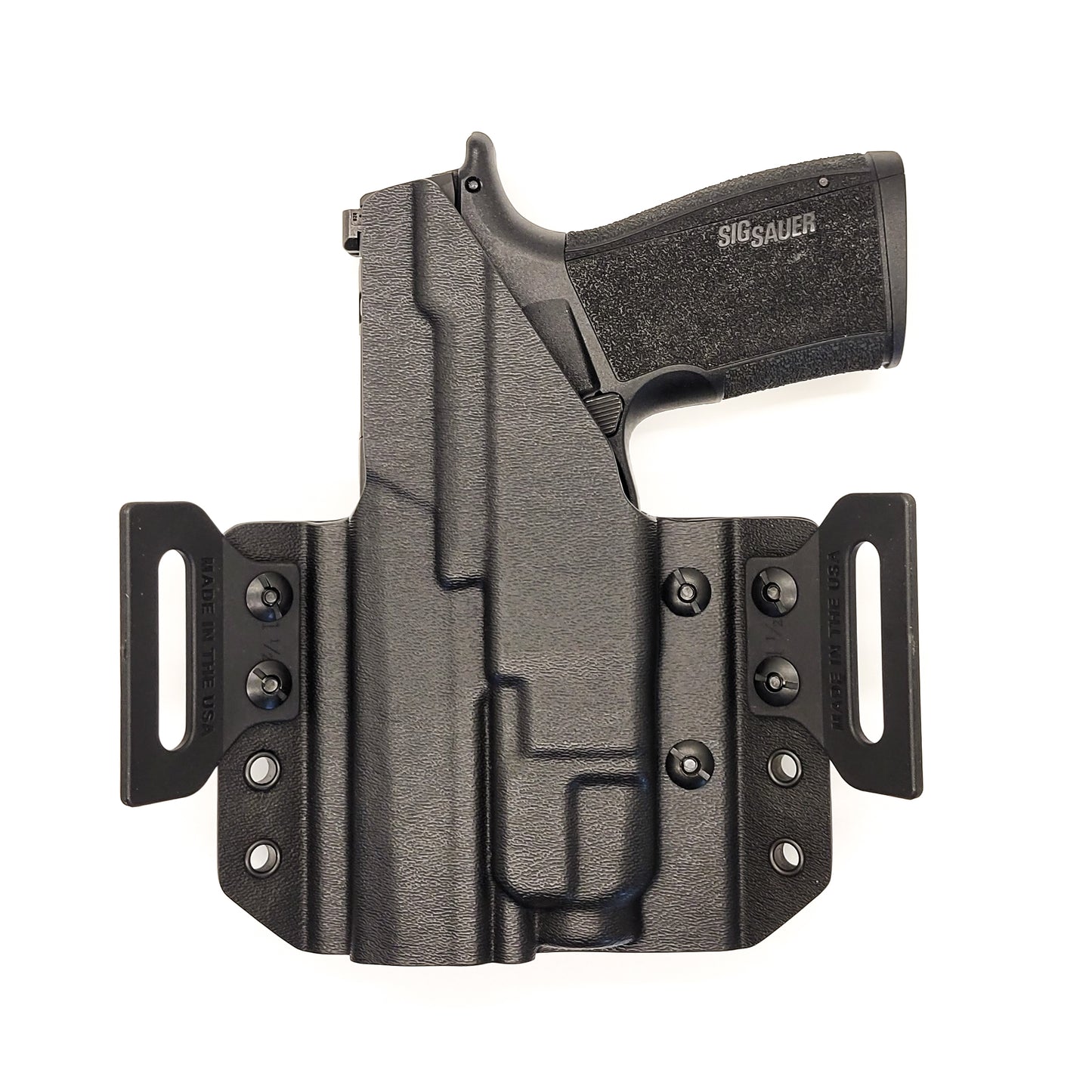 OWB Kydex holster for Sig Sauer P365-XMACRO TLR-7 X & TLR-7 A. Pancake holster, adjustable retention, open muzzle, optic/red dot ready. Made in USA.