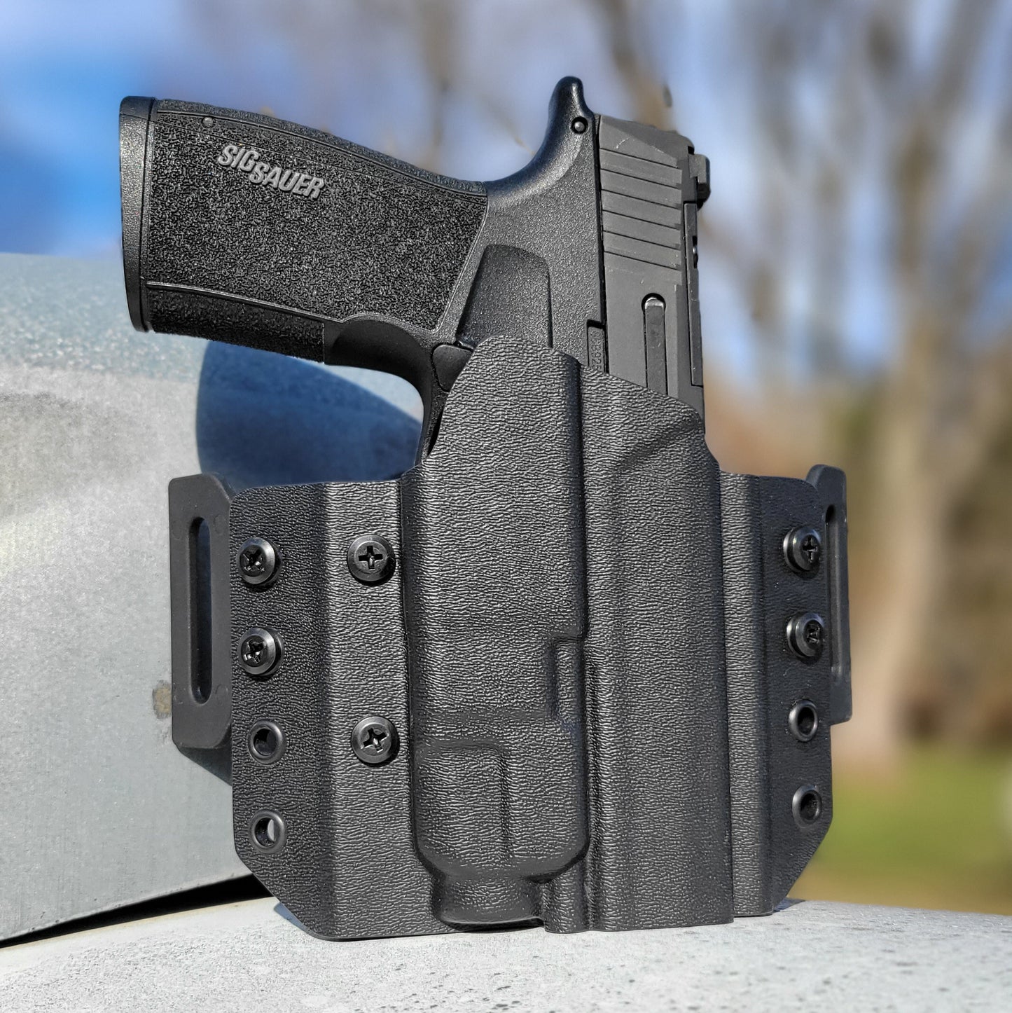 OWB Kydex holster for Sig Sauer P365-XMACRO TLR-7 X & TLR-7 A. Pancake holster, adjustable retention, open muzzle, optic/red dot ready. Made in USA.