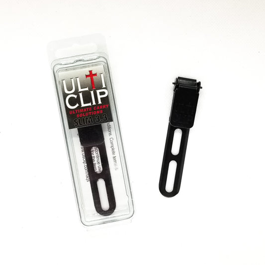 The UltiClip Slim 3.3 provides great retention and concealment. It has a dual-slotted mounting area that allows for 1.5″ hole spacing.