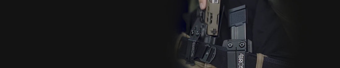 A close-up of a holster and waist belt from Four Bros.