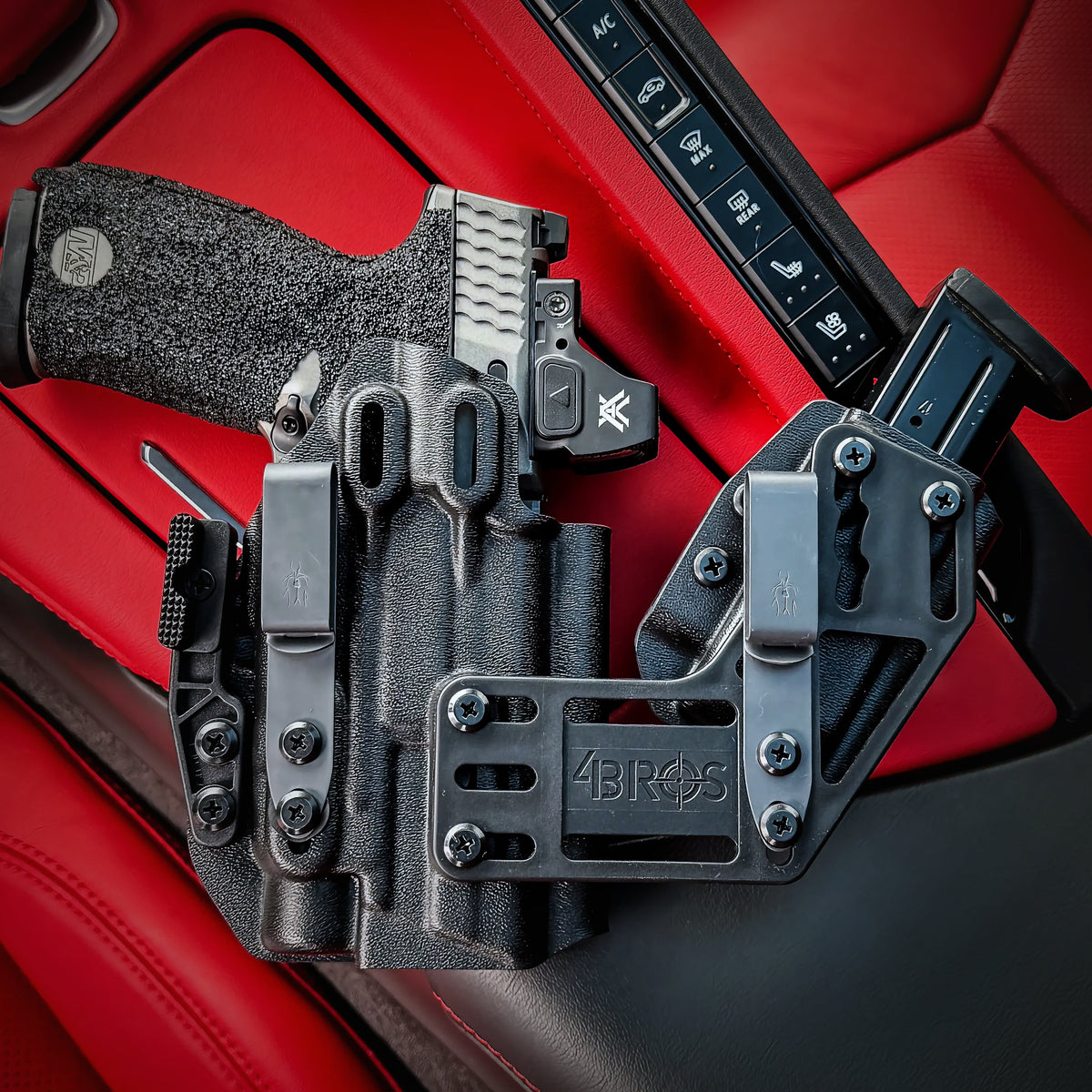 Shop 4BROS RaceCar Appendix Rigs with flexible adapter plates, .093" Kydex holsters, adjustable retention, and optics-ready designs for concealed carry.
