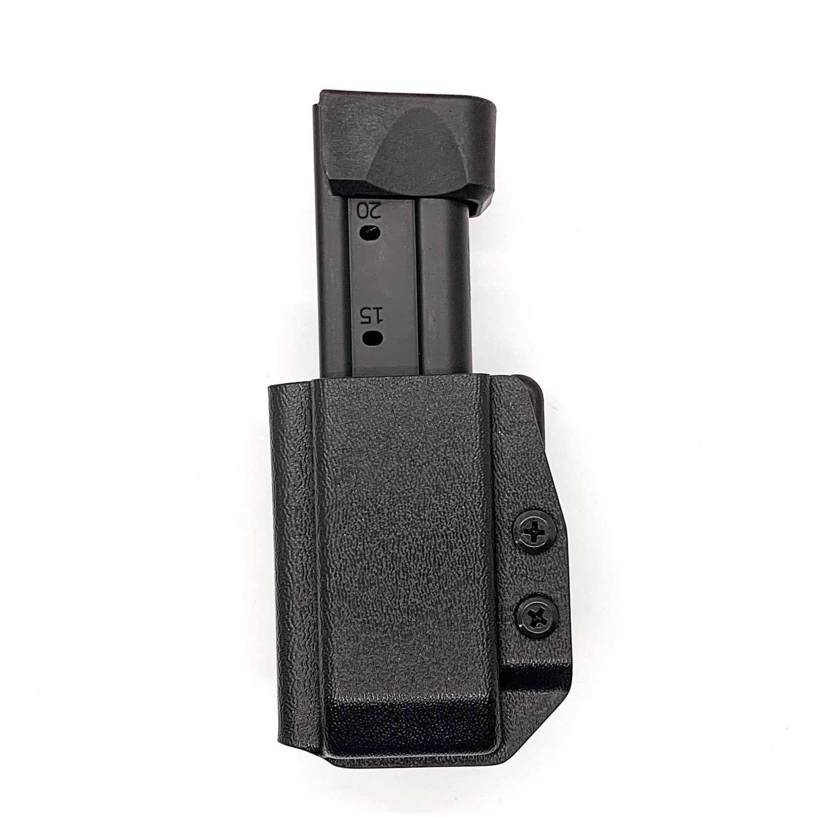 For the Best OWB Outside Waistband Kydex Magazine Pouch designed to fit the Springfield Armory Prodigy Magazine, shop Four Brothers Holsters. Suitable for belt widths of 1 1/2", 1 3/4". 2" & 2 1/2" Adjustable retention and cant outside waist carrier holster. Will allow bullets forward & bullets back orientation.